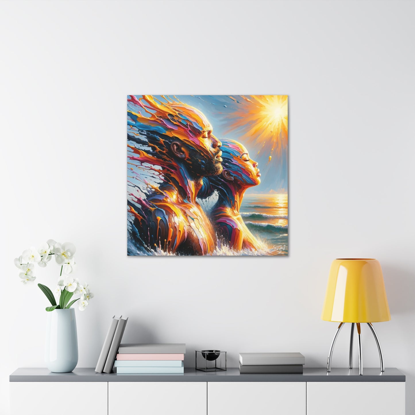 Art Print, Afro-Caribbean Couple "Melting in the Sun," Oil Finish, West Indian Ethnicity, Cultural, Heritage, Semi-Abstract, Canvas Gallery Wrap