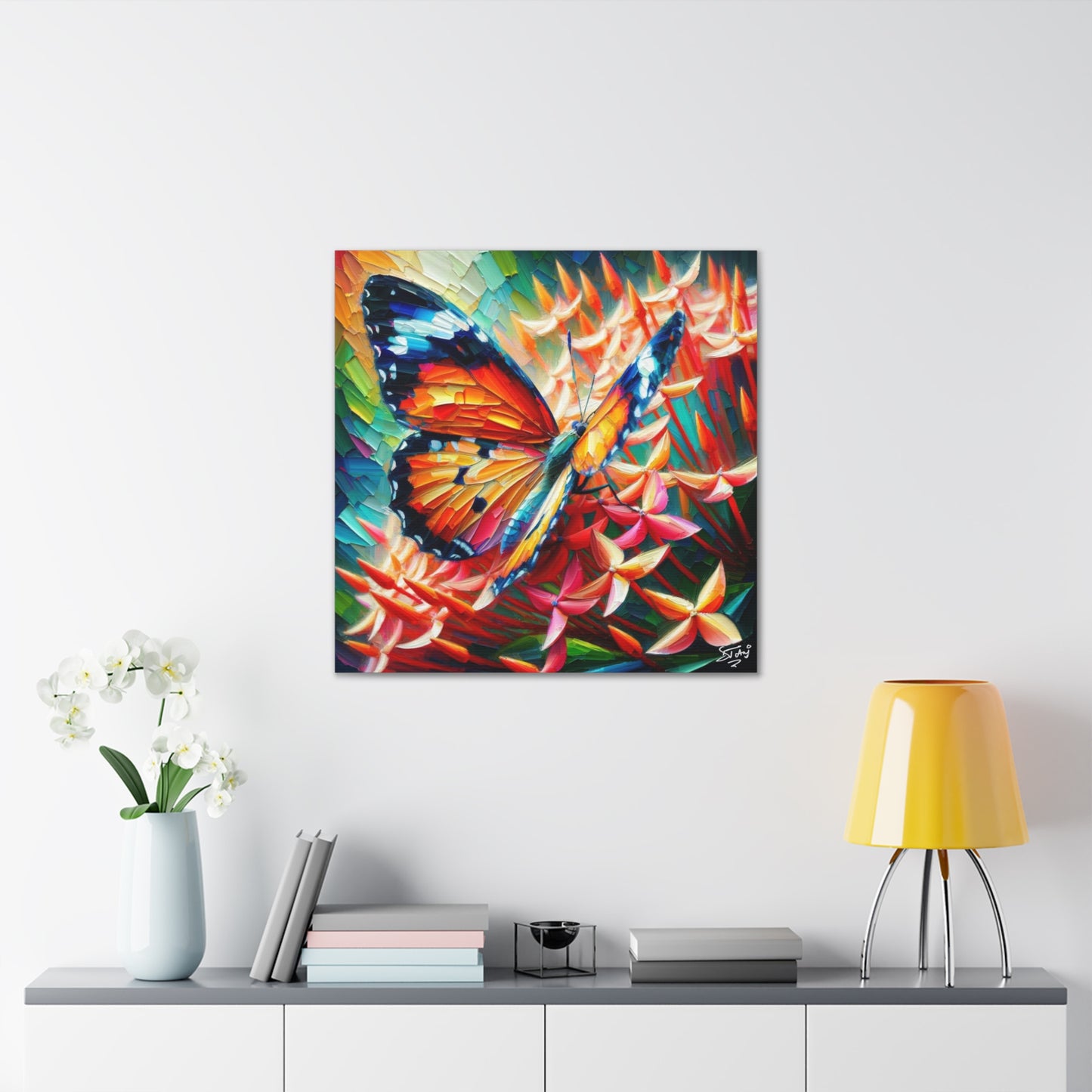 Art Print, Butterfly on Ixoras, Oil Finish, Caribbean Nature, Cultural, Heritage, Semi-Abstract, Canvas Gallery Wrap