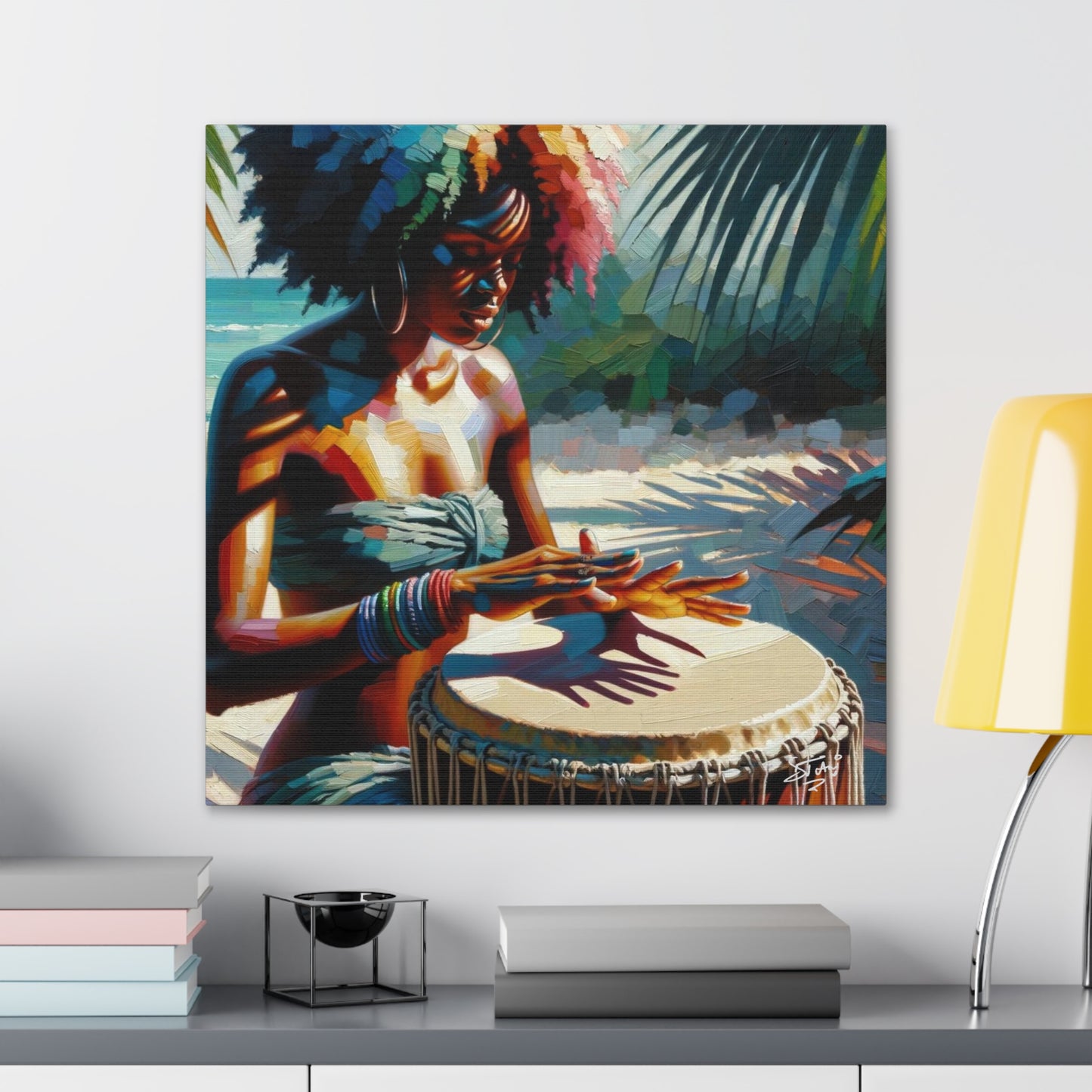 Art Print, Afro-Caribbean Woman, "Drumming" Oil Finish, West Indian Ethnicity, Cultural, Heritage, Abstract, Canvas Gallery Wrap