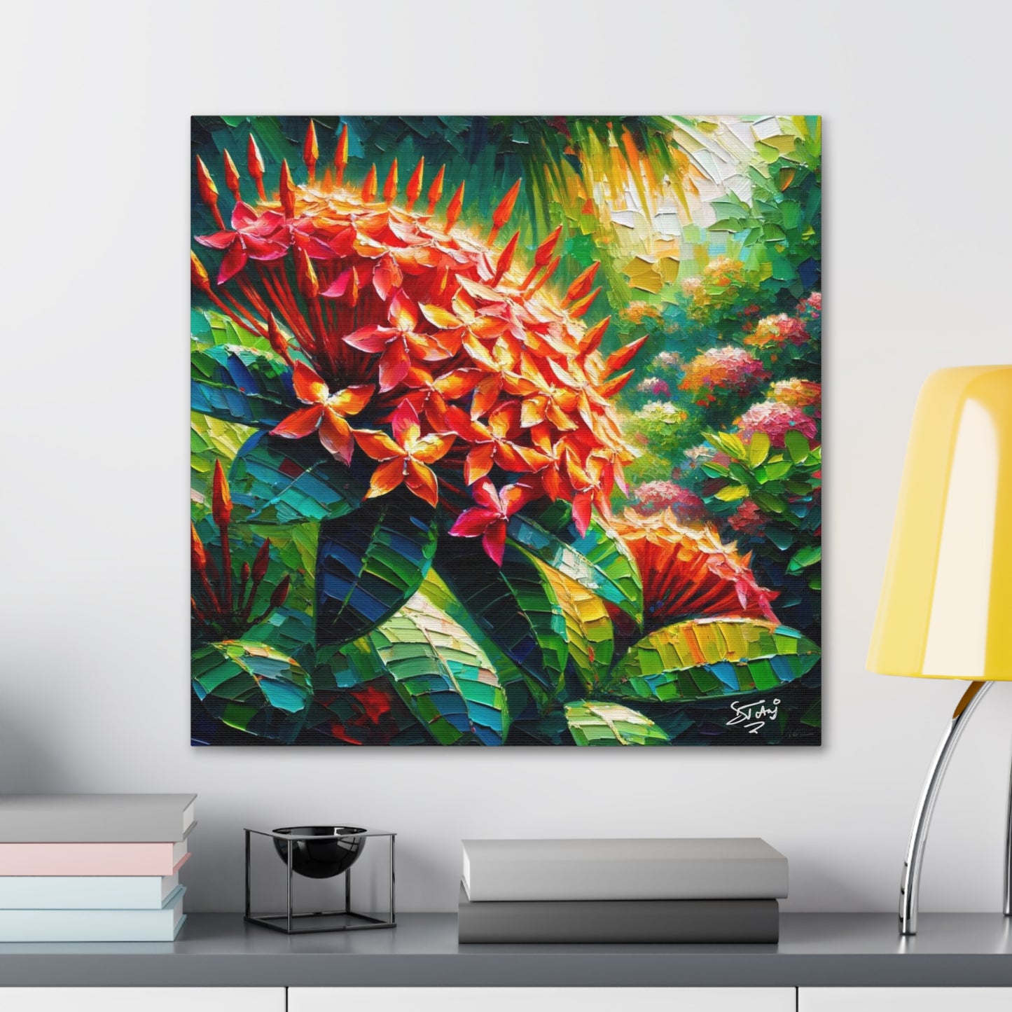 Art Print of Ixora Flowers, Oil Finish, West Indian Art, Canvas Gallery Wraps