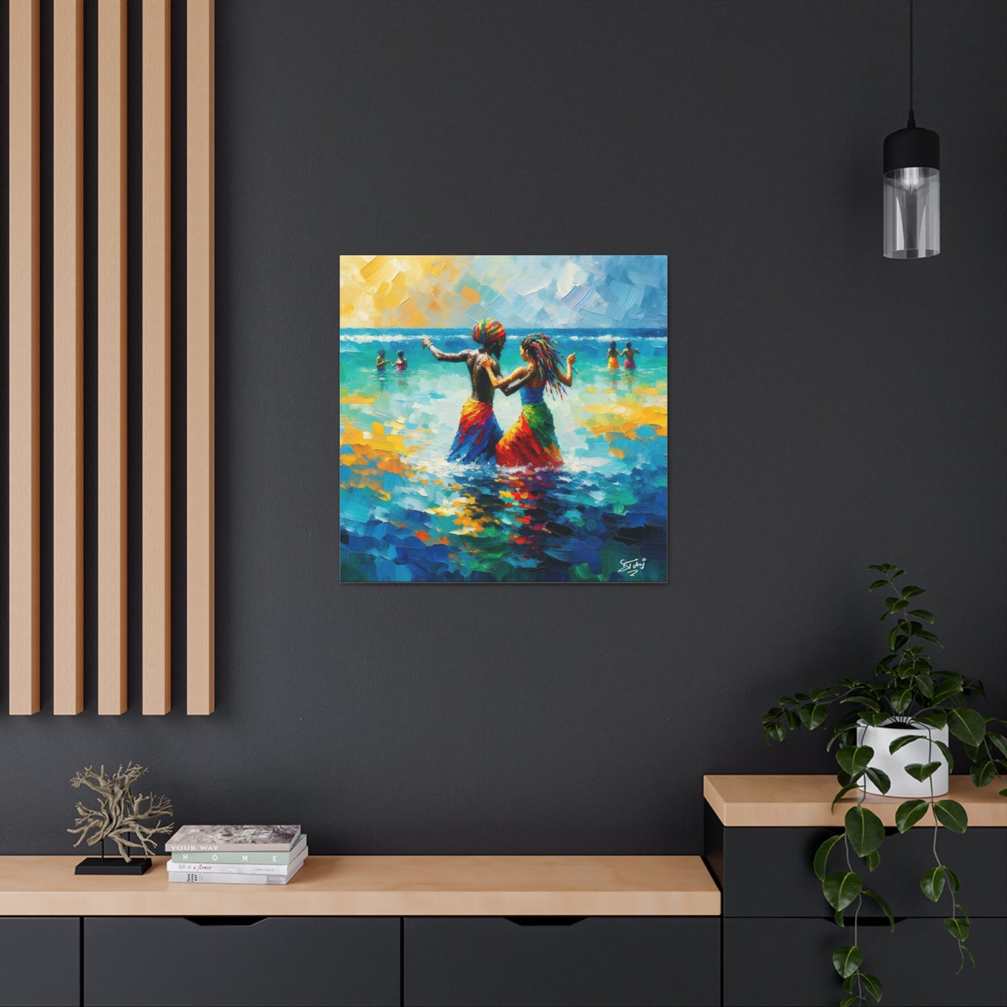 Art Print, Caribbean Couple, "In Our World" Semi-Abstract Oil Finish, West Indian Ethnicity, Cultural, Heritage, Abstract, Canvas Gallery Wrap