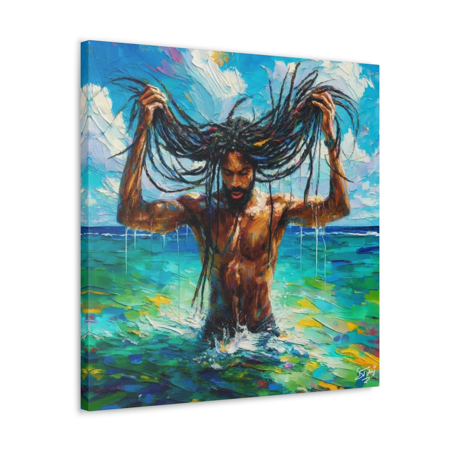 Art Print, Afro-Caribbean Man "Chilling in the Ocean" Oil Finish, West Indian Ethnicity, Cultural, Heritage, Semi-Abstract, Canvas Gallery Wrap