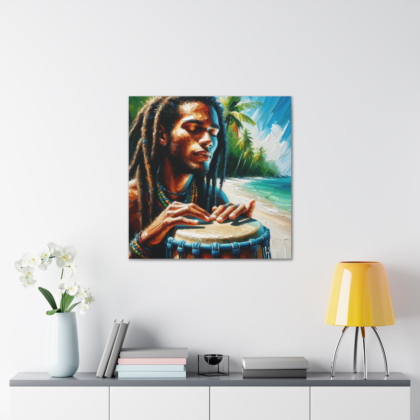 Art Print, Afro-Caribbean Man, "Drumming" Oil Finish, West Indian Ethnicity, Cultural, Heritage, Abstract, Canvas Gallery Wrap