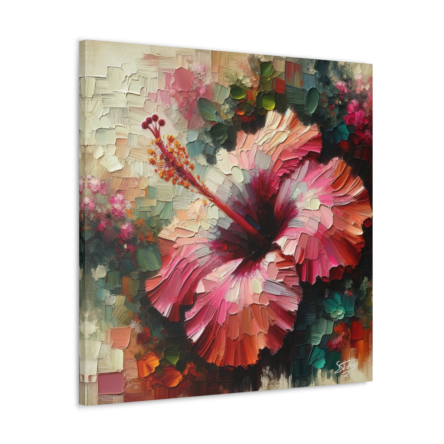 Oil Print#3 of a Pink Hibiscus Flower, Close-up View, Semi-abstract, Caribbean, Vibrant Vivid Colors, Canvas Gallery Wraps