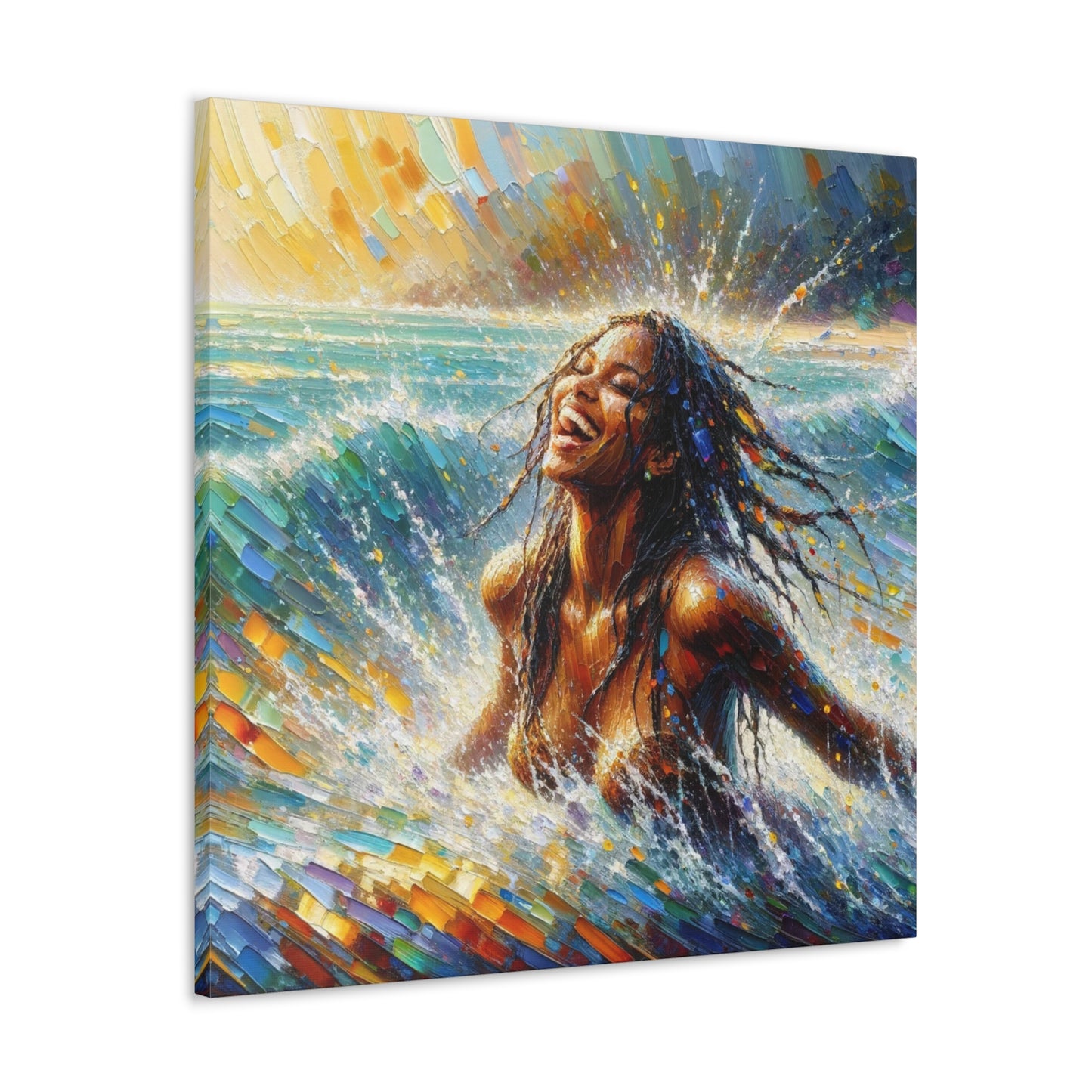 Art Print#4 of Dougla Woman's Exhilaration Captured - Joy, Laughter, Color, Caribbean Sea, Oil Finish, West Indian Art, Canvas Gallery Wraps