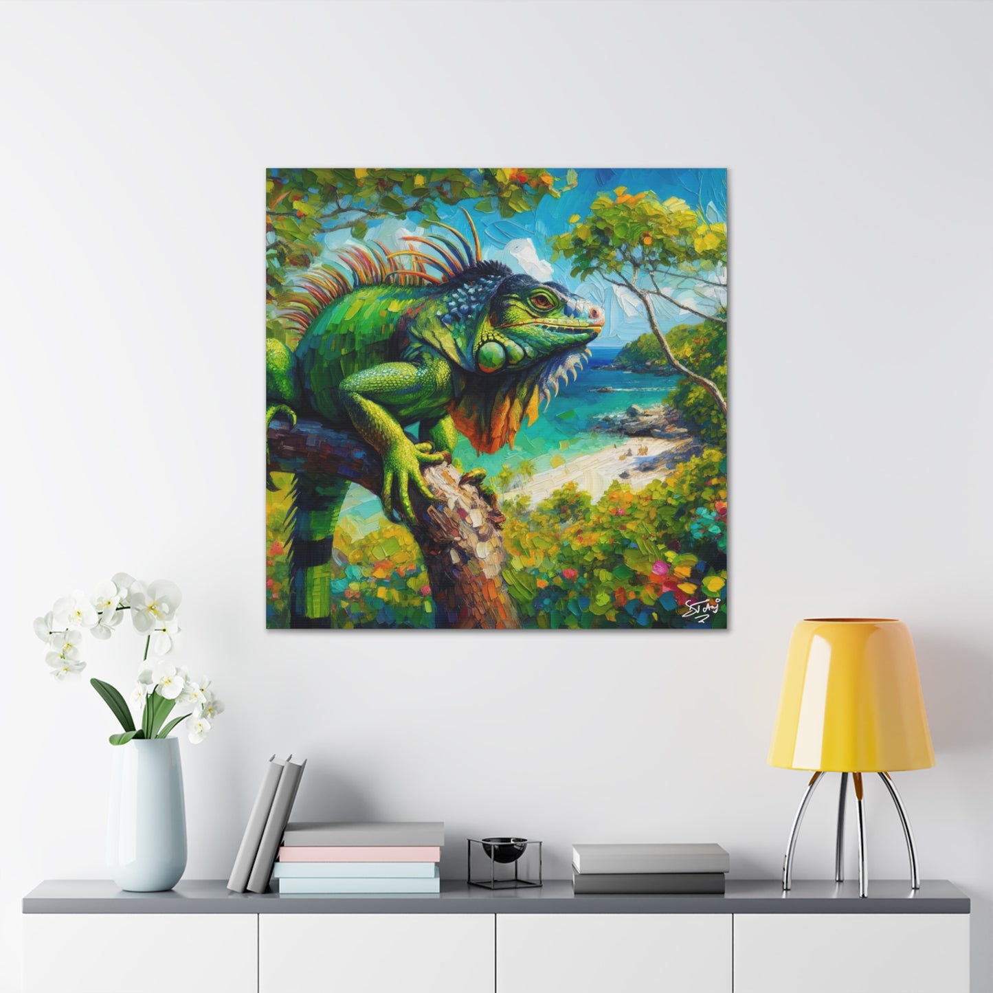 Art Print, Iguana, Caribbean Wildlife, Oil Finish, Caribbean Nature, Cultural, Heritage, Canvas Gallery Wrap