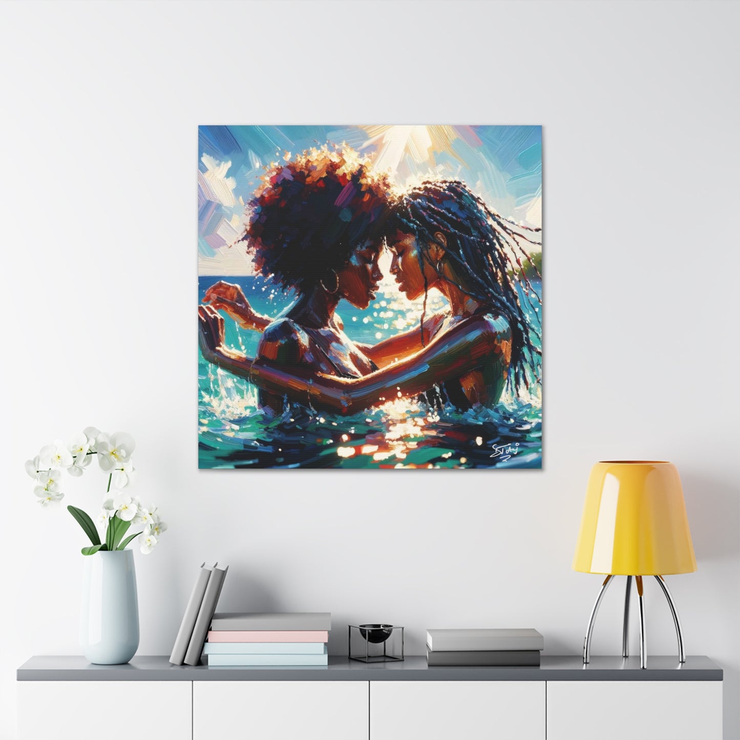 Art Print, Caribbean Couple, "In Our World" Semi-Abstract Oil Finish, West Indian Ethnicity, Cultural, Heritage, Abstract, Canvas Gallery Wrap