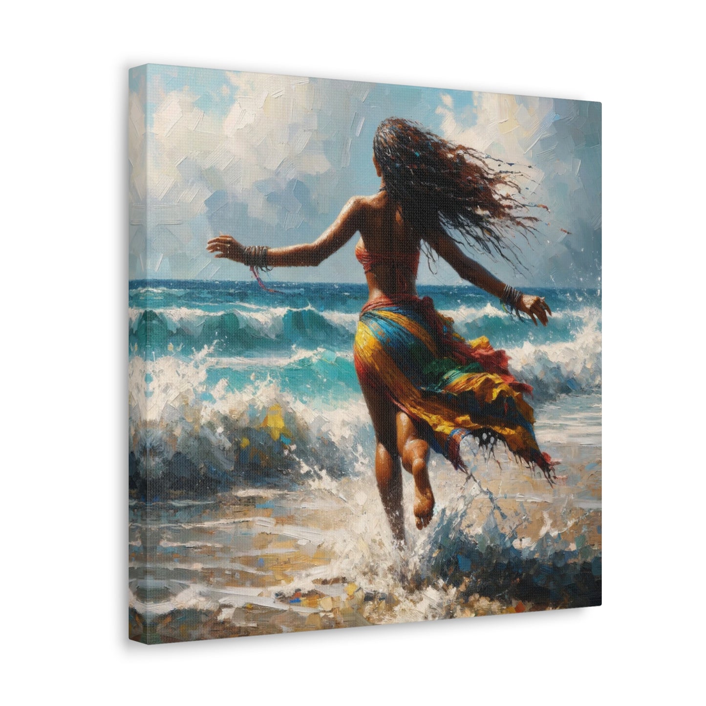 Art Print#2, East Indian Woman from Trinidad running into the Atlantic Ocean, Caribbean, Oil Finish, West Indian Art, Canvas Gallery Wraps