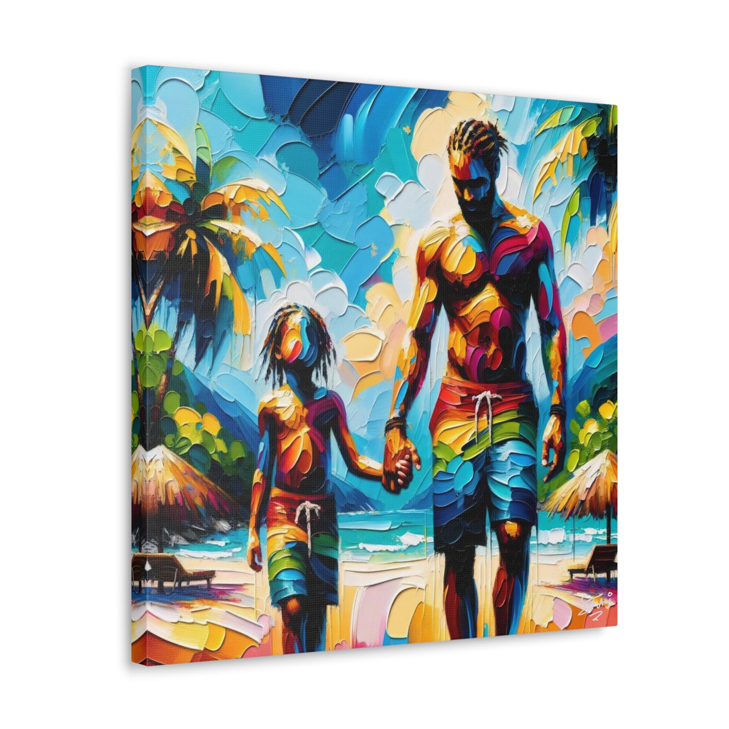 Art Print, Afro-Caribbean Father & Son, Oil Finish, West Indian Ethnicity, Cultural, Heritage, Semi-Abstract, Canvas Gallery Wrap