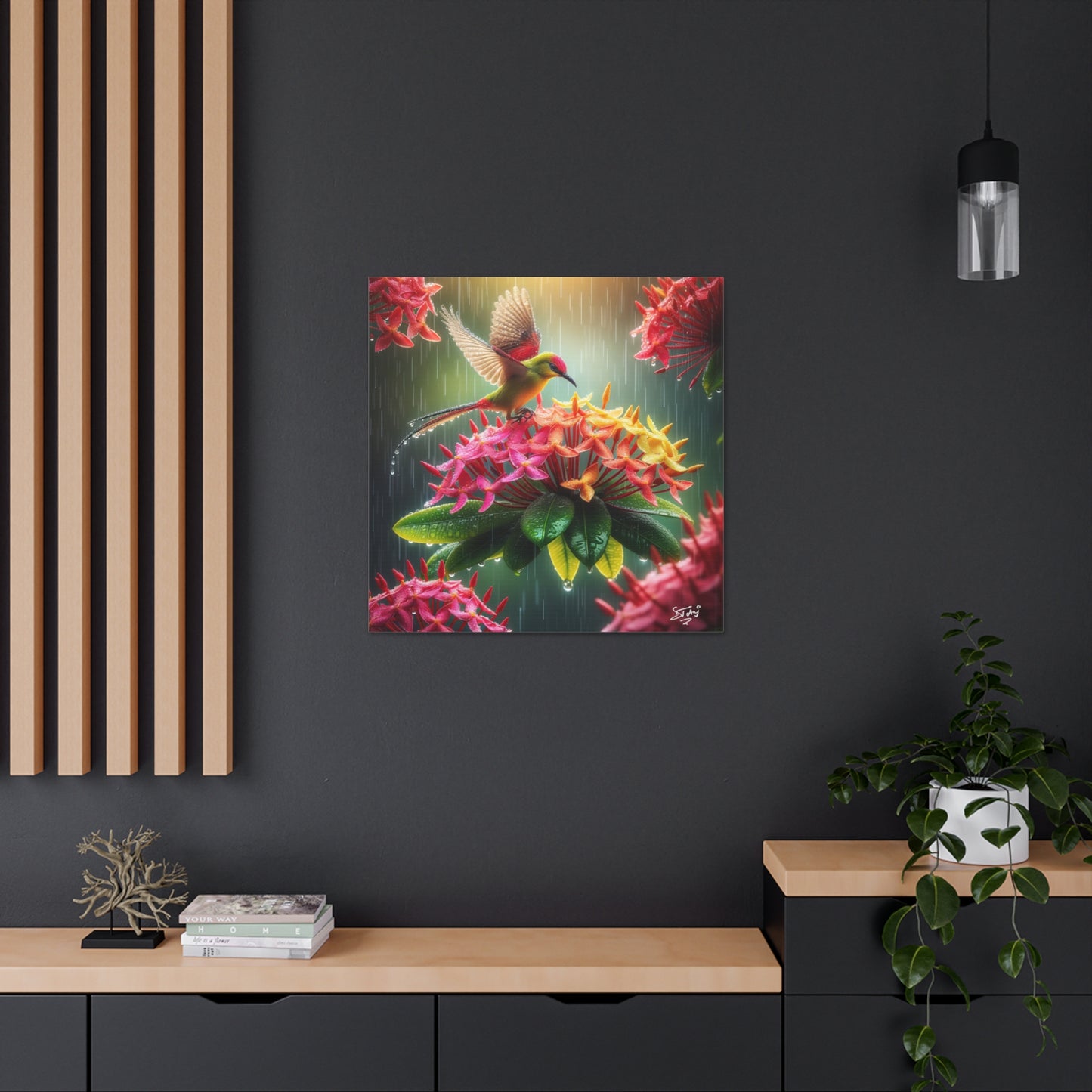 Print of Tropical Bird in the Rain Perched on Ixora Flower, Oil Paint Finish, Caribbean, Tropical, Canvas Gallery Wraps