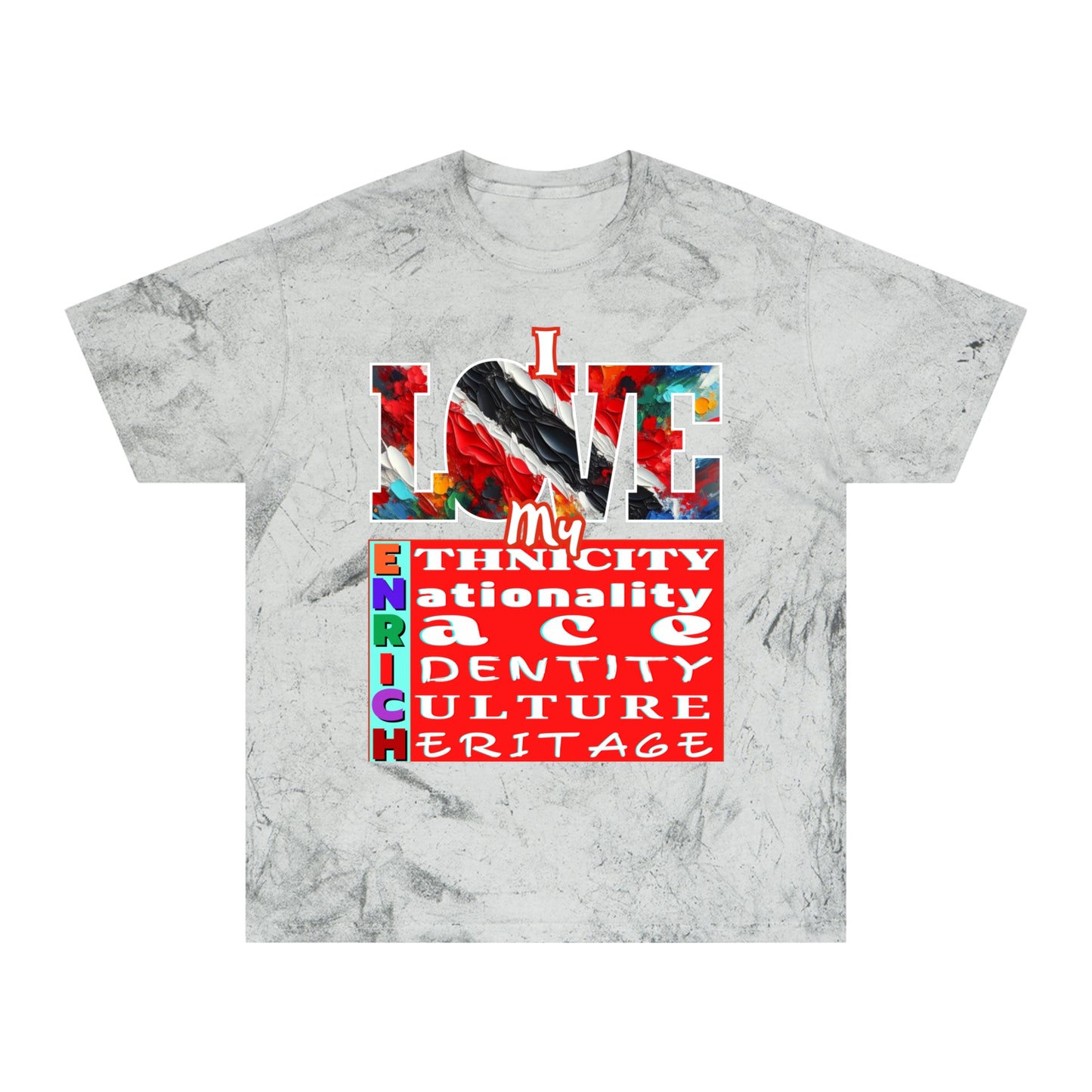 Unisex Color Blast T-Shirt "I Love My ENRICH" Trinidad Unity, Anti-Racism, One Love, Inclusion Diversity, Immigrant Outsiders, Togetherness, FashionWithPurpose, Conscious Clothing, Cultural Identity, Black Inspiration Empowerment