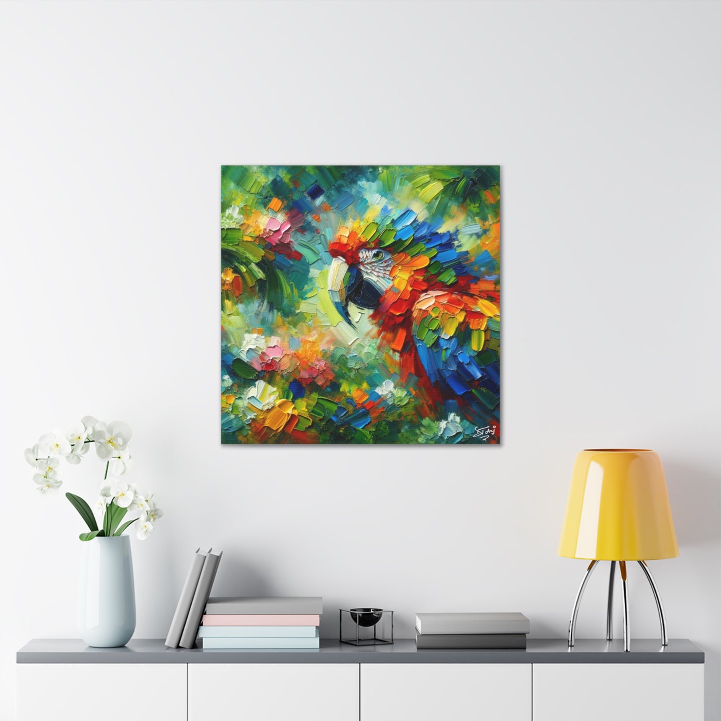 Art Print, The Parrot, Oil Finish, Caribbean Nature, Cultural, Heritage, Semi-Abstract, Canvas Gallery Wrap