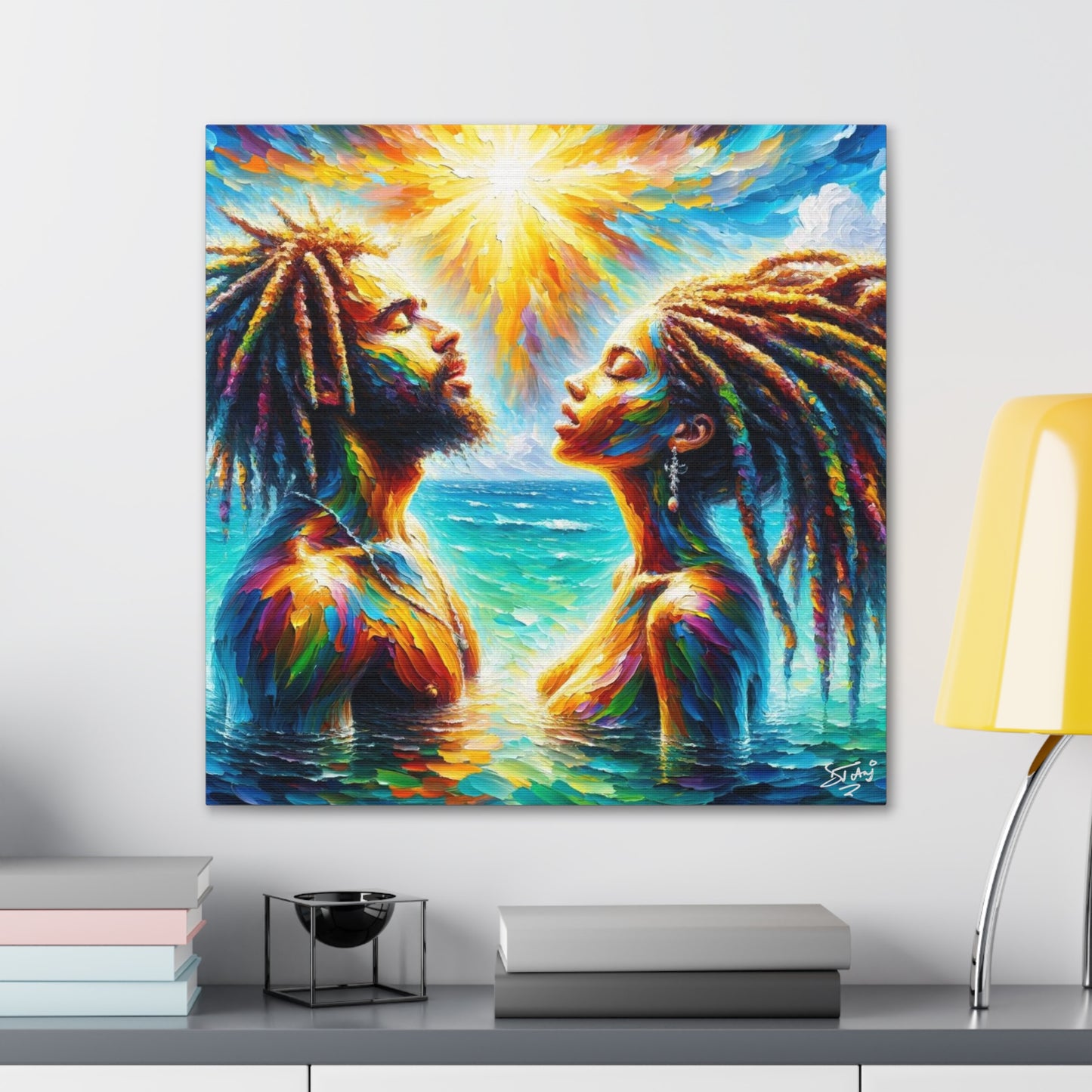 Art Print, Afro-Caribbean Couple in the Ocean, Oil Finish, West Indian Ethnicity, Cultural, Heritage, Semi-Abstract, Canvas Gallery Wrap