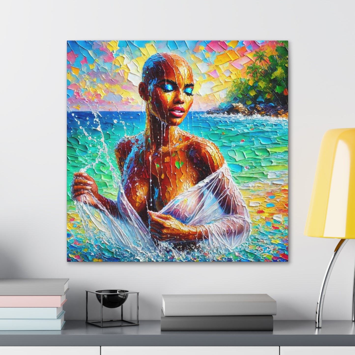 Art Print, Afro-Caribbean Woman, "Sea Bath" Abstract, Oil Finish, West Indian Ethnicity, Cultural, Heritage, Abstract, Canvas Gallery Wrap