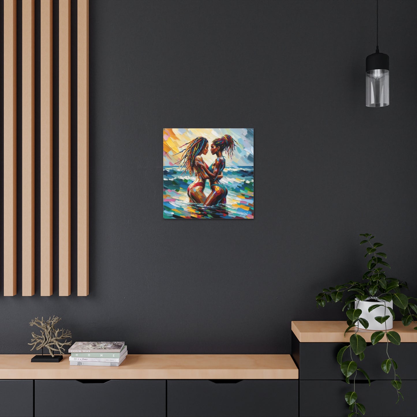 Art Print, Caribbean Couple, "In Our World" Semi-Abstract Oil Finish, West Indian Ethnicity, Cultural, Heritage, Abstract, Canvas Gallery Wrap