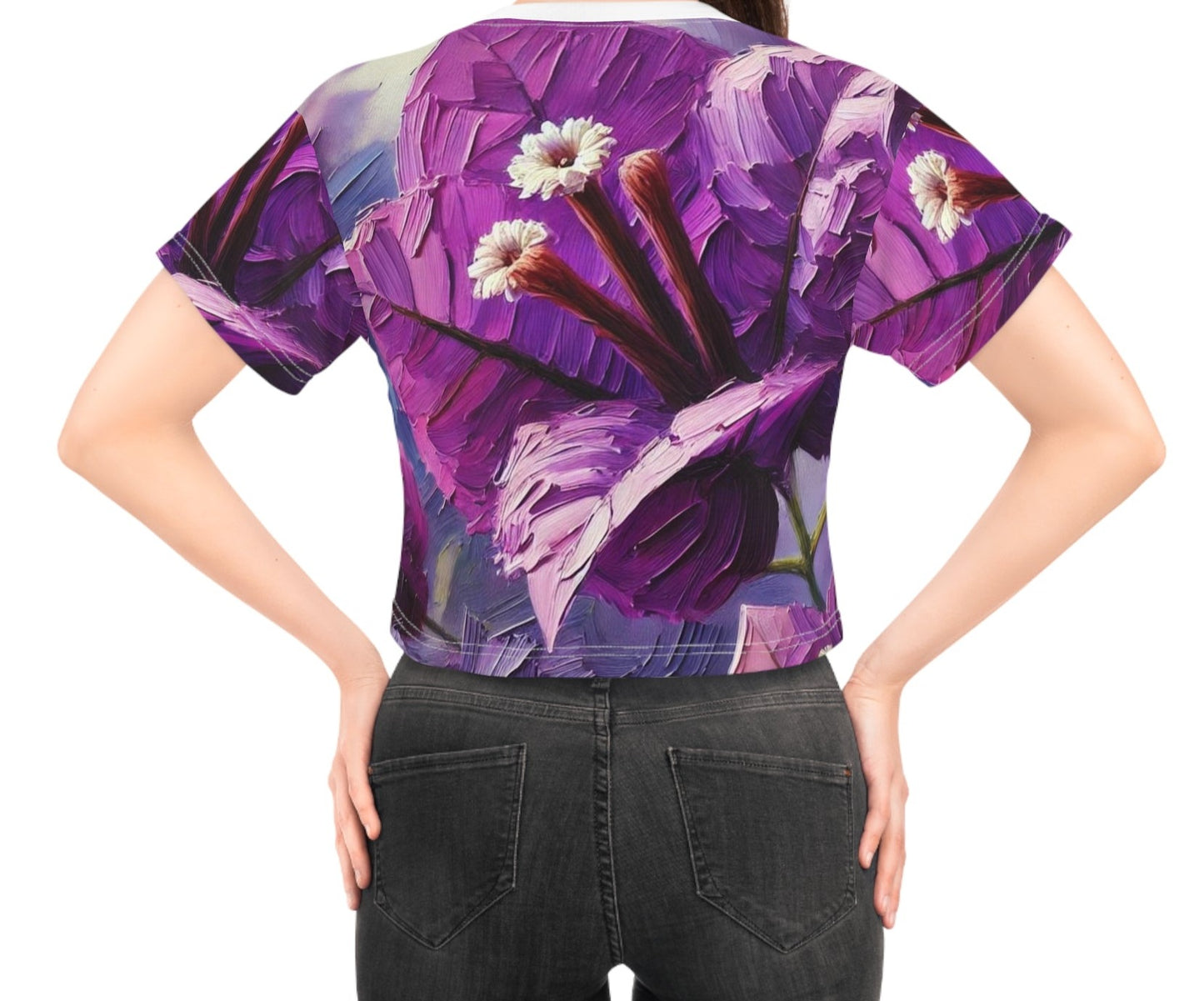 Women's Silky Soft Crop Tee (AOP) Purple Floral Print