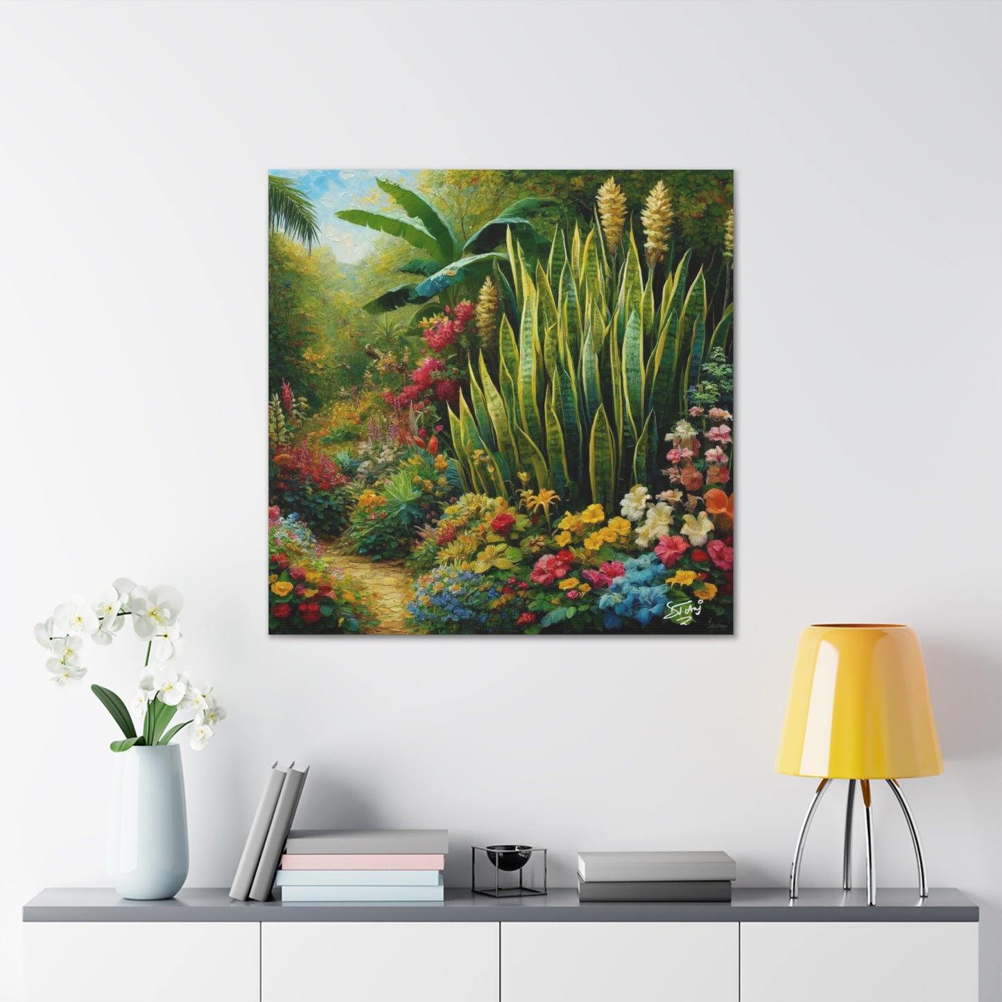 Art Print of Snake Plant in Tropical Flower Garden, Oil Finish, West Indian Art, Canvas Gallery Wraps