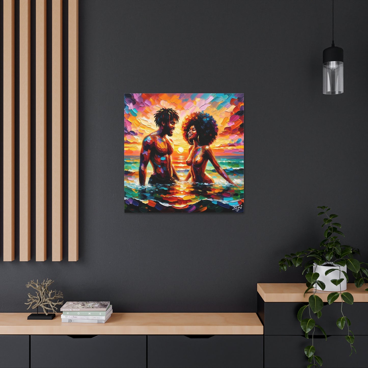 Art Print, Afro-Caribbean Couple in the Sea, Oil Finish, West Indian Ethnicity, Cultural, Heritage, Semi-Abstract, Canvas Gallery Wrap