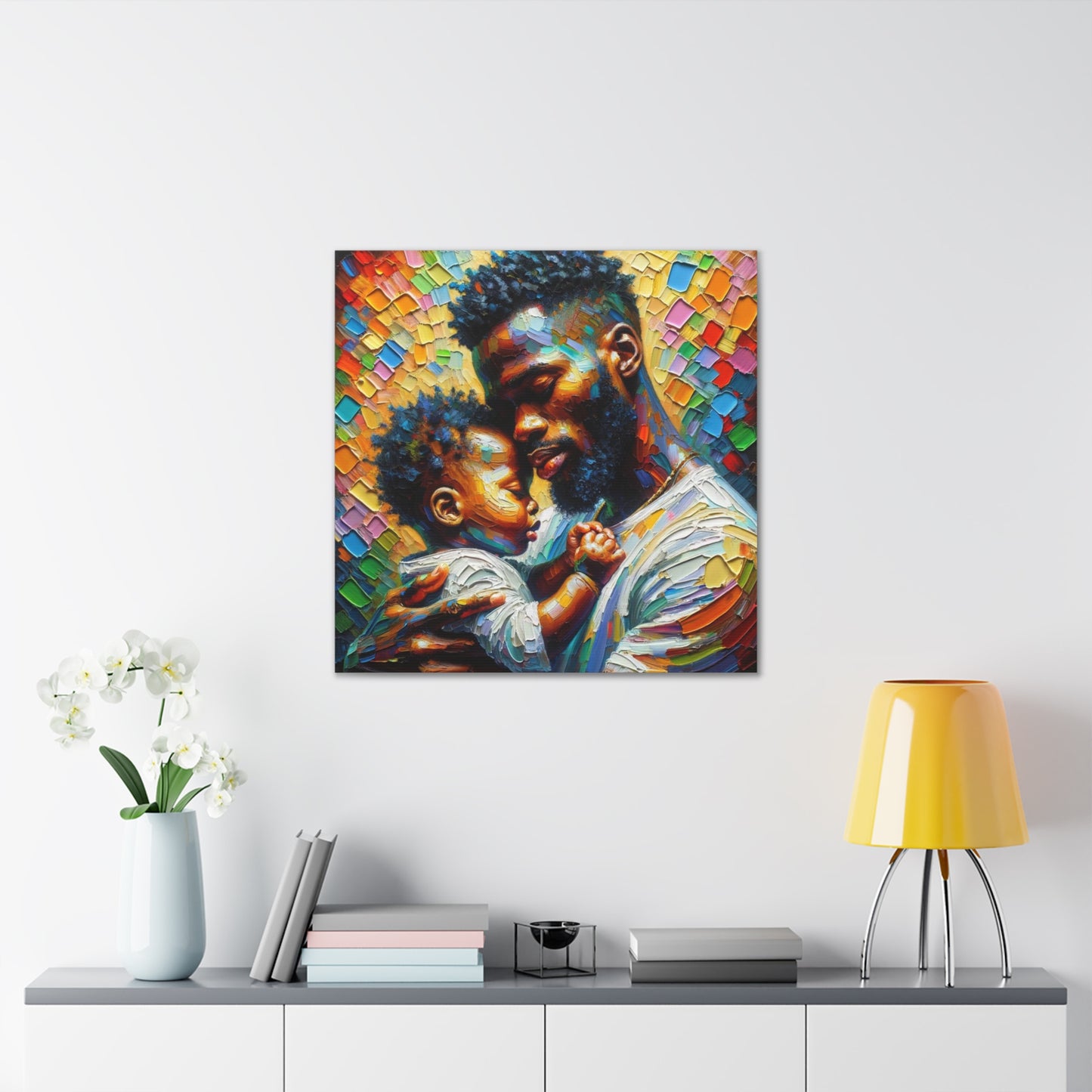 Art Print, Father & Son, Afro-Caribbean Man, Oil Finish, West Indian Ethnicity, Cultural, Heritage, Semi-Abstract, Canvas Gallery Wrap