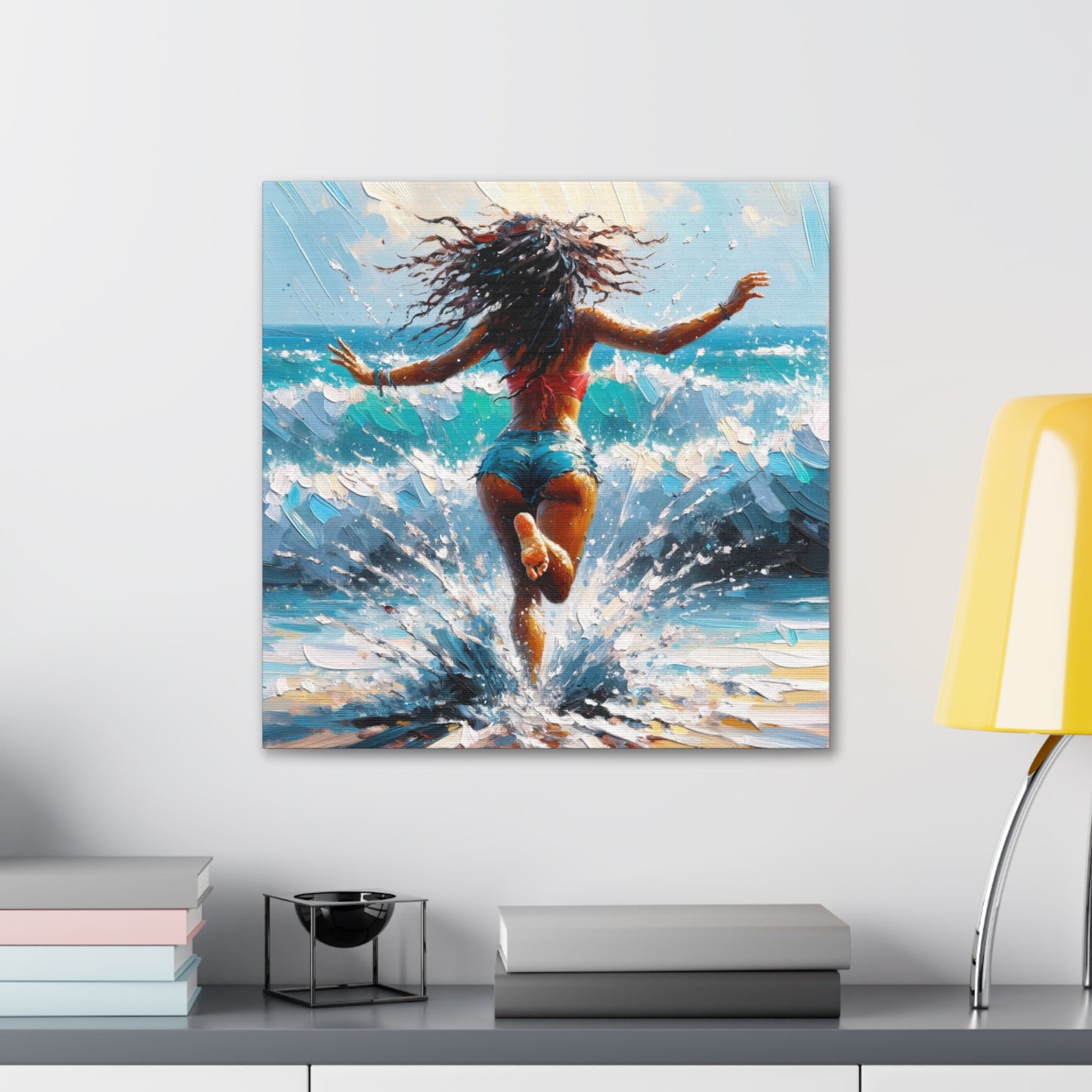 Art Print, East Indian Woman from Trinidad running into the Atlantic Ocean, Caribbean, Oil Finish, West Indian Art, Canvas Gallery Wraps