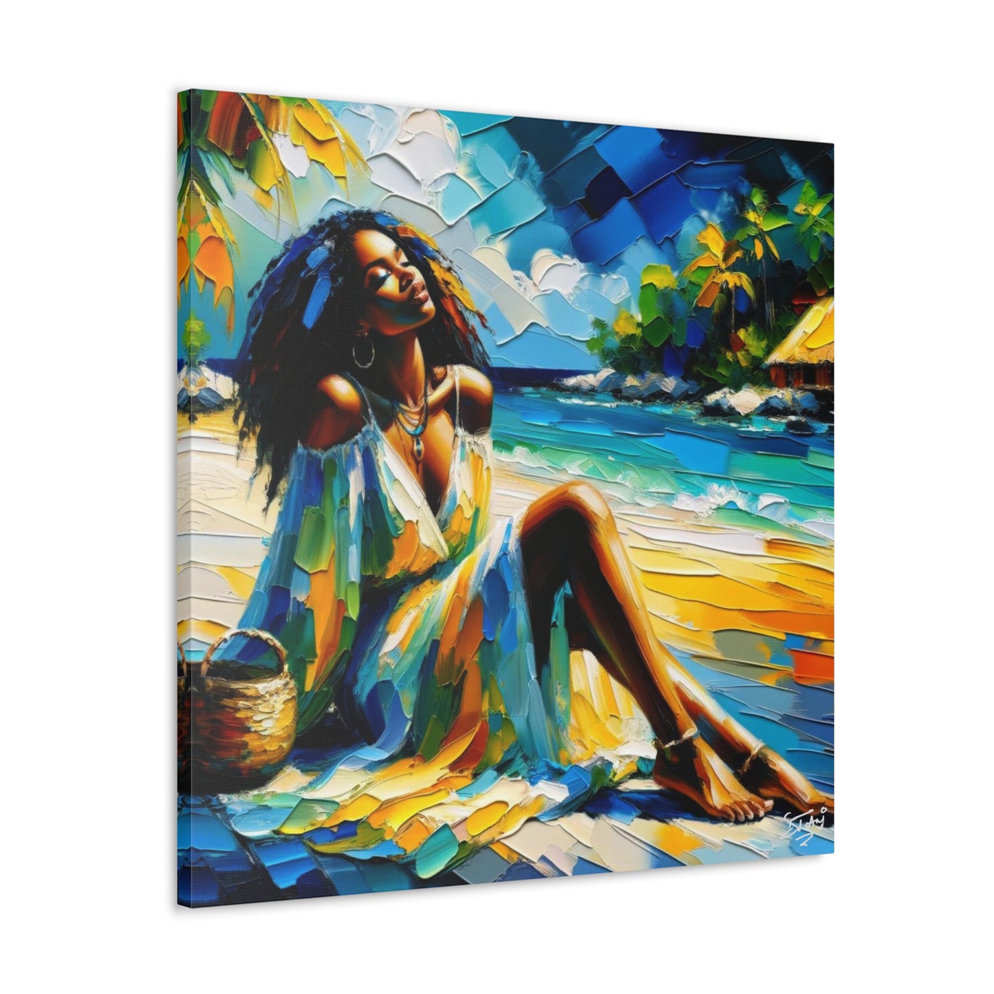 Art Print, Afro-Caribbean Woman, "Relaxing" Oil Finish, West Indian Ethnicity, Cultural, Heritage, Abstract, Canvas Gallery Wrap