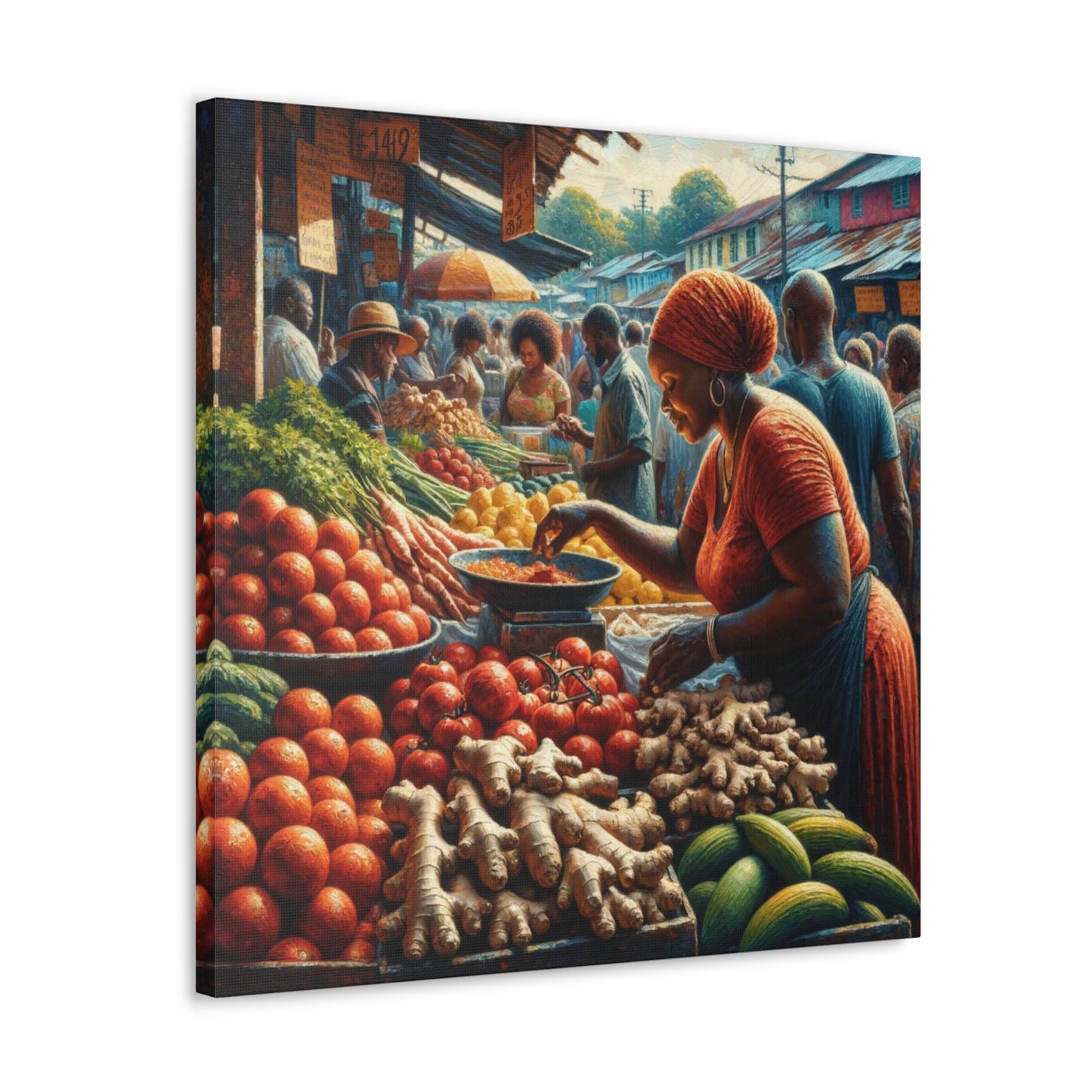 Art Print#7, "Selling at the Market", Market Scene in Trinidad, Caribbean, Oil Finish, West Indian Art, Canvas Gallery Wraps