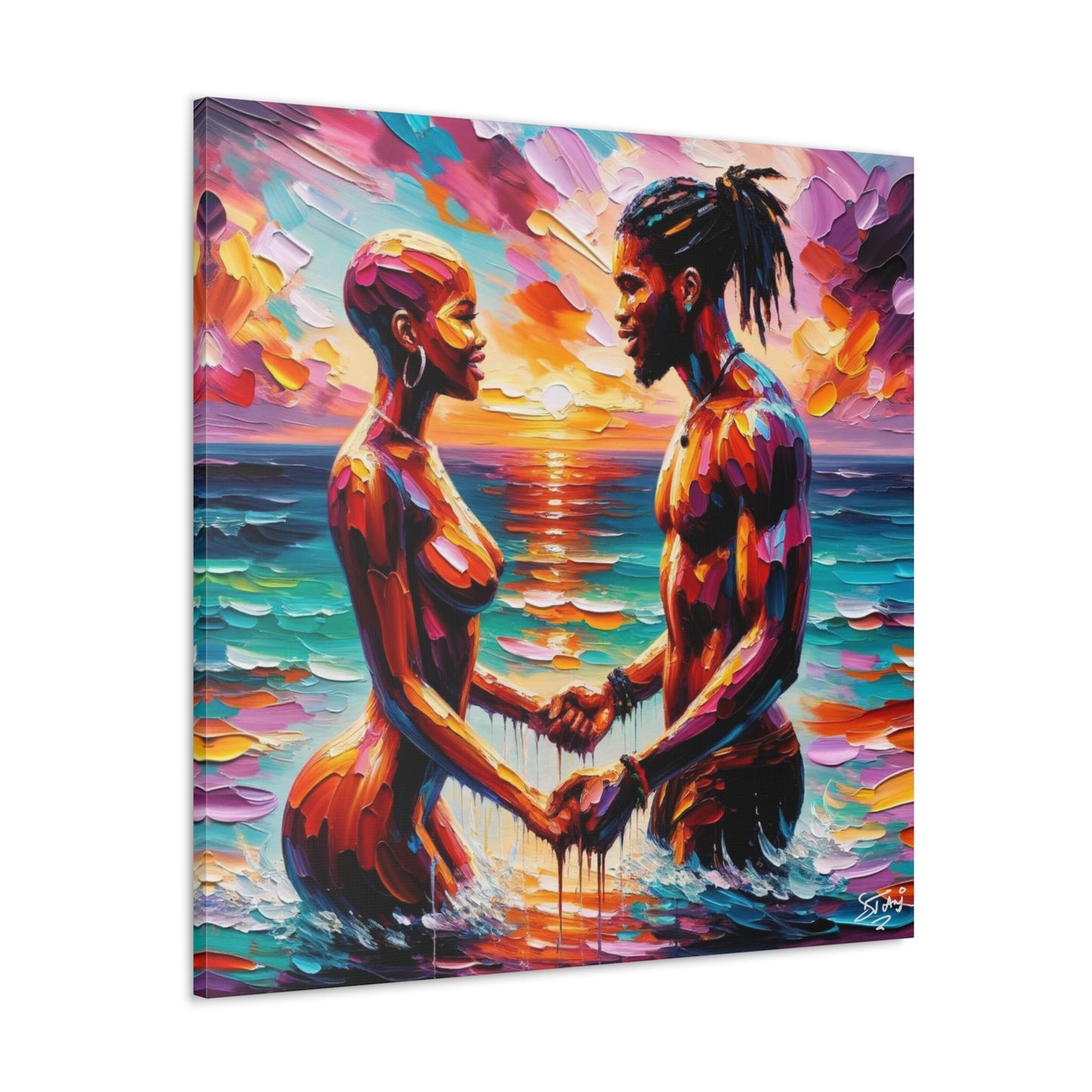 Art Print, Afro-Caribbean Couple "Skinny Dipping," Oil Finish, West Indian Ethnicity, Cultural, Heritage, Semi-Abstract, Canvas Gallery Wrap