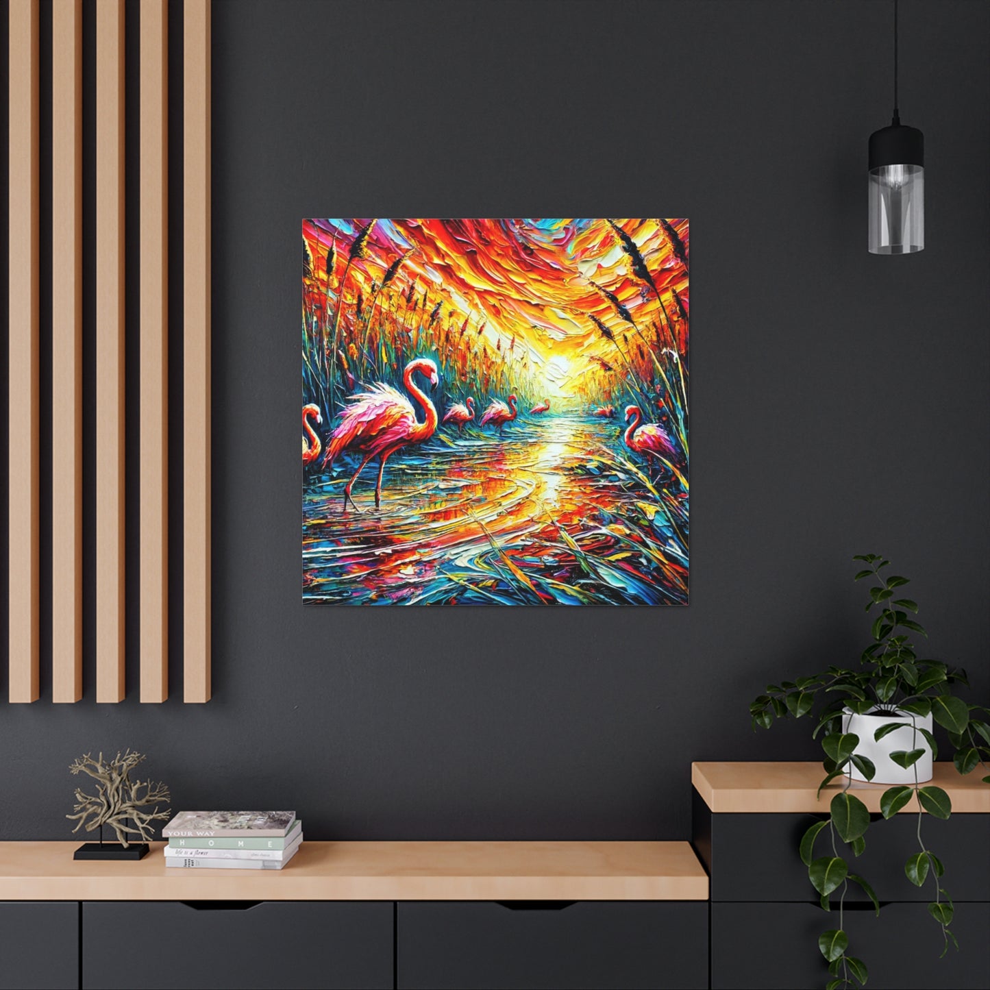 Art Print, Flamingos, Abstract Oil Finish, Trinidad & Tobago, Caribbean, West Indian Art, Canvas Gallery Wraps