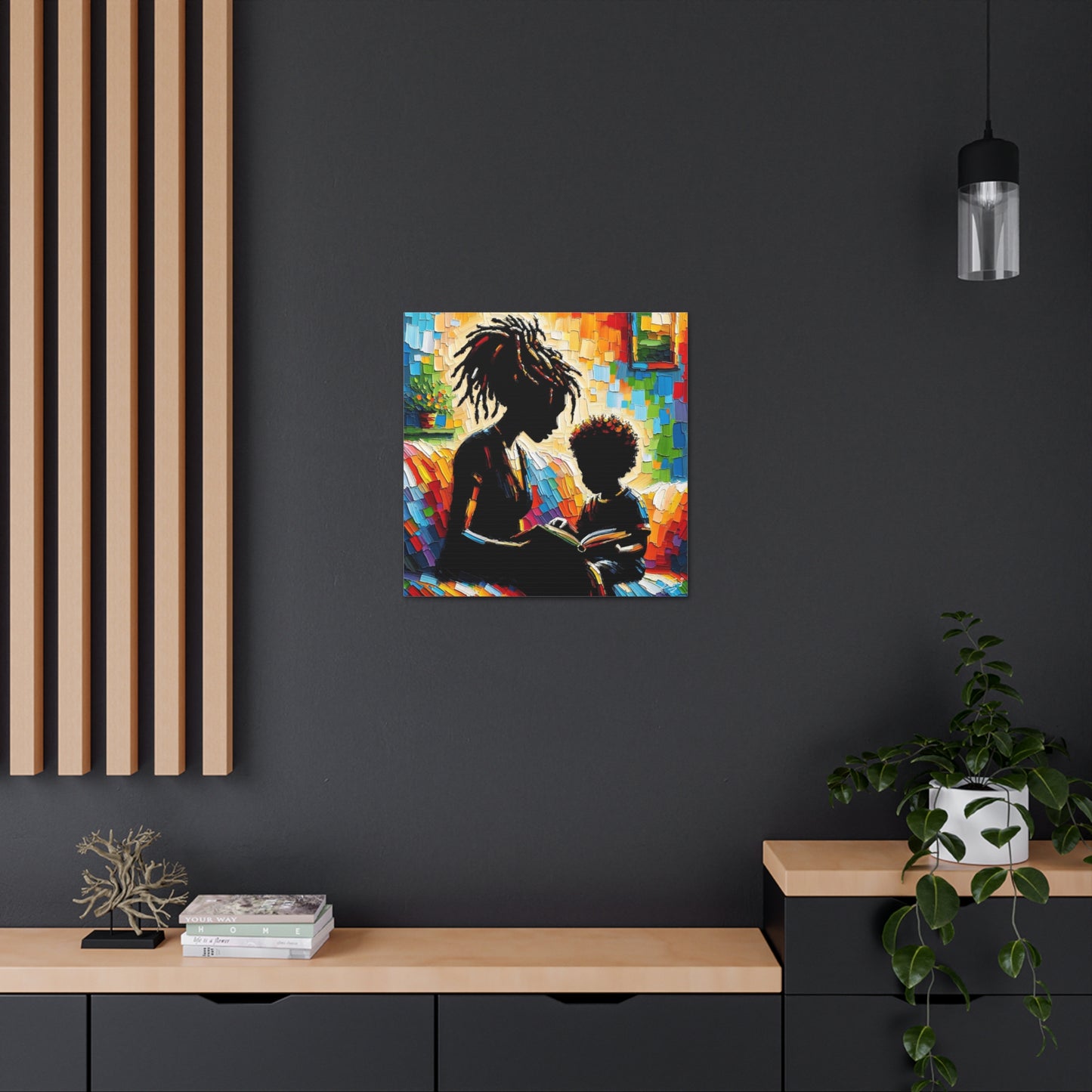 Art Print, Afro-Caribbean Mother & Son (3), Oil Finish, West Indian Ethnicity, Cultural, Heritage, Semi-Abstract, Canvas Gallery Wrap