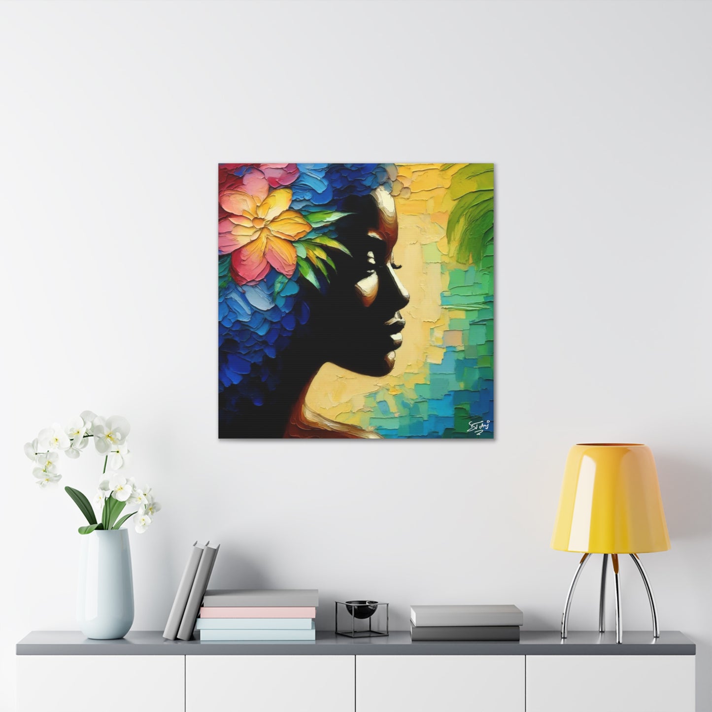 Art Print, Afro-Caribbean Woman "Deep in Thought" Oil Finish, West Indian Ethnicity, Cultural, Heritage, Semi-Abstract, Canvas Gallery Wrap