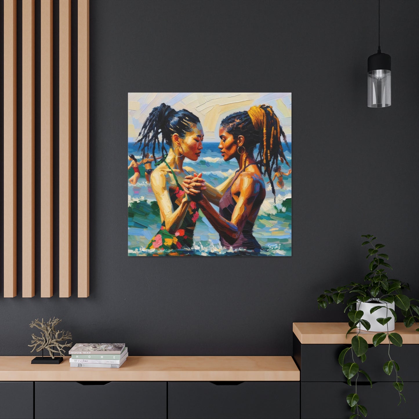 Art Print, Caribbean Couple, "In Our World" Semi-Abstract Oil Finish, West Indian Ethnicity, Cultural, Heritage, Canvas Gallery Wrap