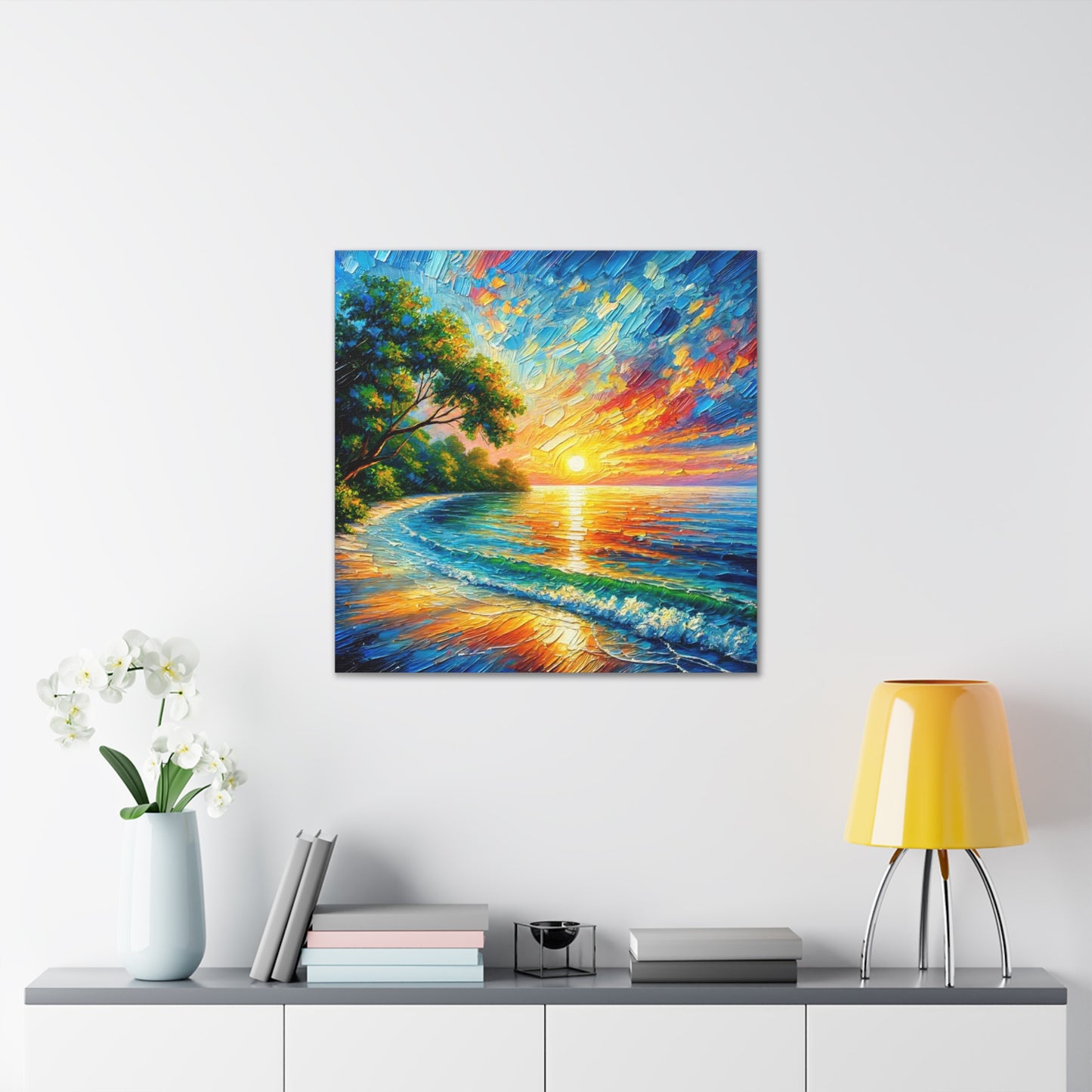 Art Print, Caribbean Sunset Beach Scene, Abstract, Oil Painting, West Indian Art, Canvas Gallery Wraps