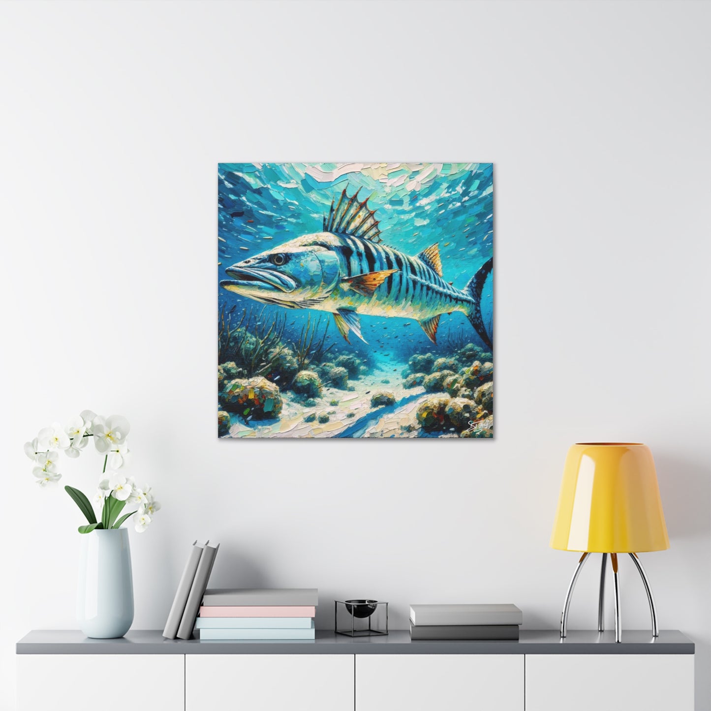 Art Print, Great Barracuda, Oil Finish, Caribbean Nature, Canvas Gallery Wrap