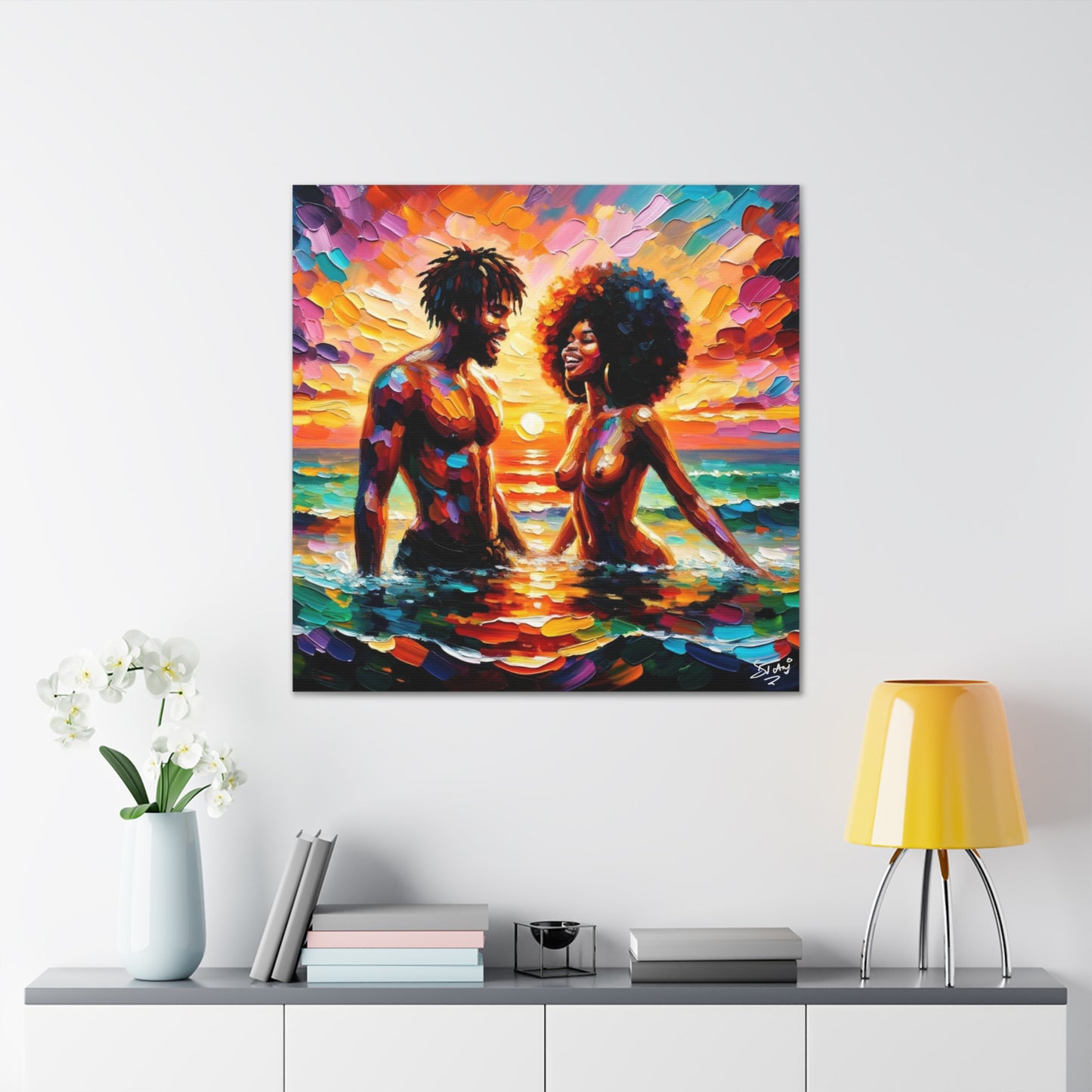 Art Print, Afro-Caribbean Couple in the Sea, Oil Finish, West Indian Ethnicity, Cultural, Heritage, Semi-Abstract, Canvas Gallery Wrap