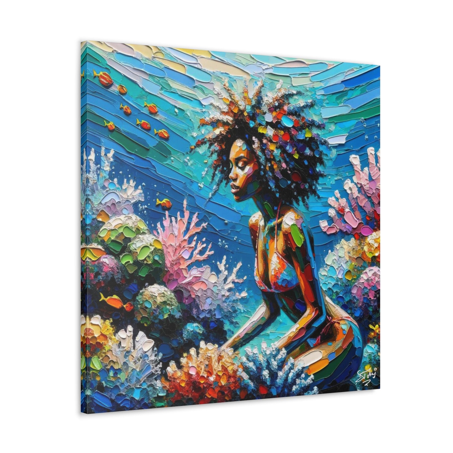 Art Print, Black Woman with Fishes in Coral Reef, Oil Finish, Caribbean Nature, Semi-Abstract, Canvas Gallery Wrap