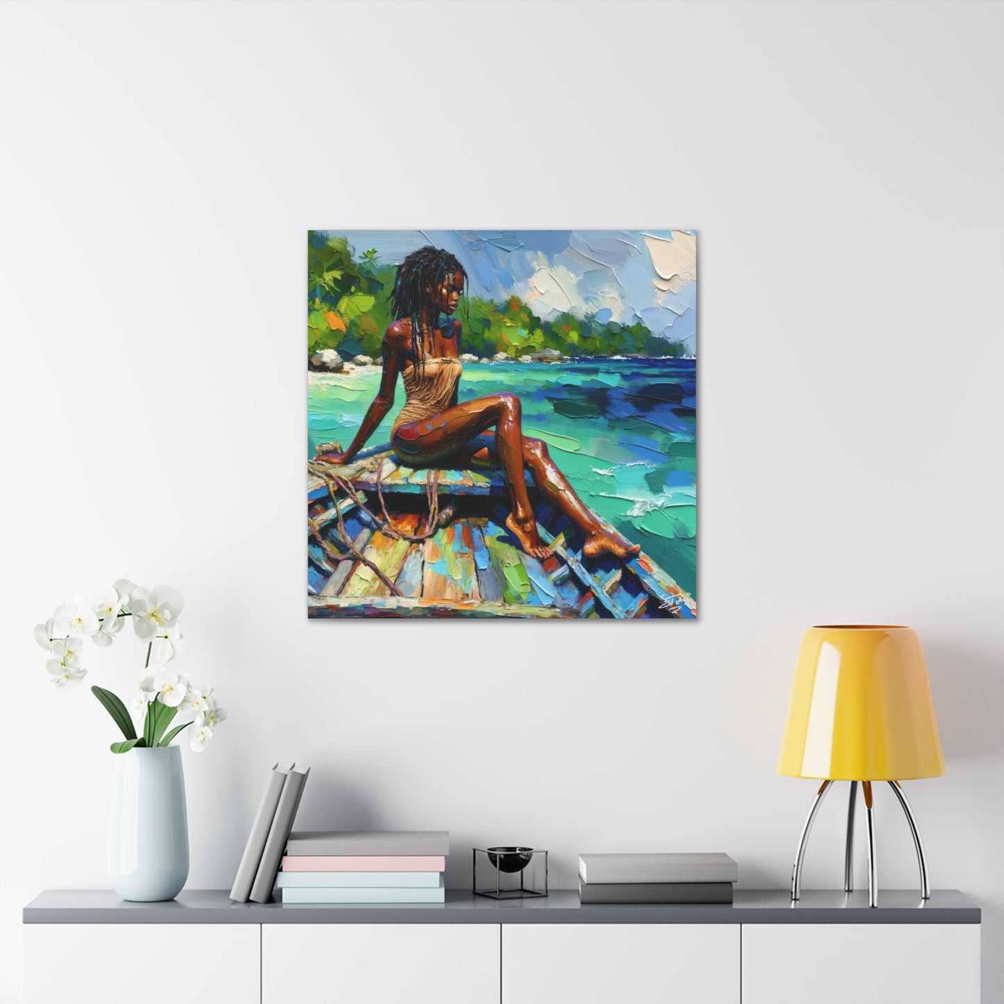 Art Print, Caribbean Woman "Chilling in the Boat" Oil Finish, West Indian Ethnicity, Cultural, Heritage, Semi-Abstract, Canvas Gallery Wrap