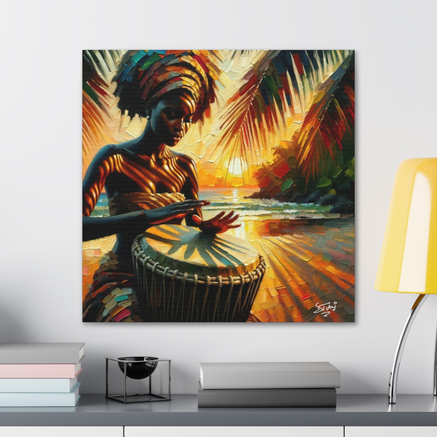 Art Print, Afro-Caribbean Woman, "Drumming" Oil Finish, West Indian Ethnicity, Cultural, Heritage, Abstract, Canvas Gallery Wrap