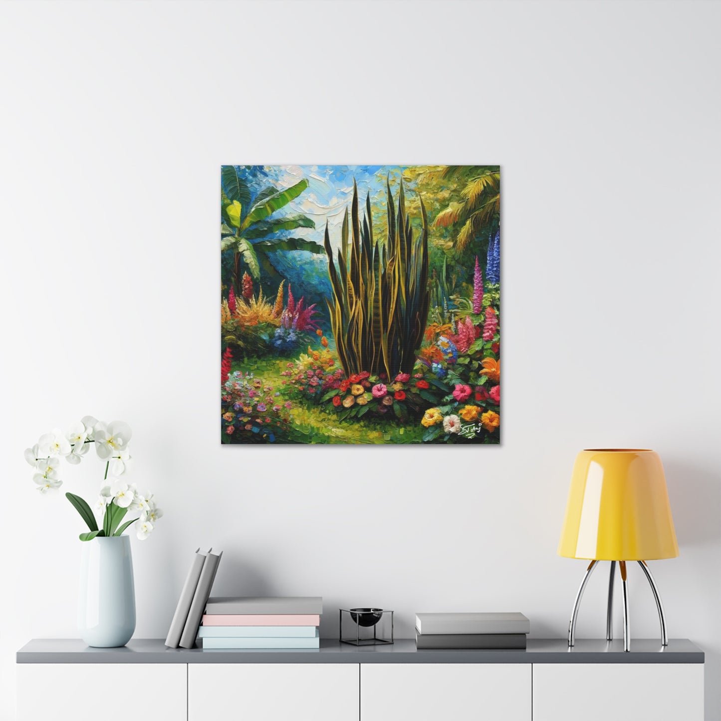 Art Print of Snake Plant in Tropical Flower Garden, Oil Finish, West Indian Art, Canvas Gallery Wraps