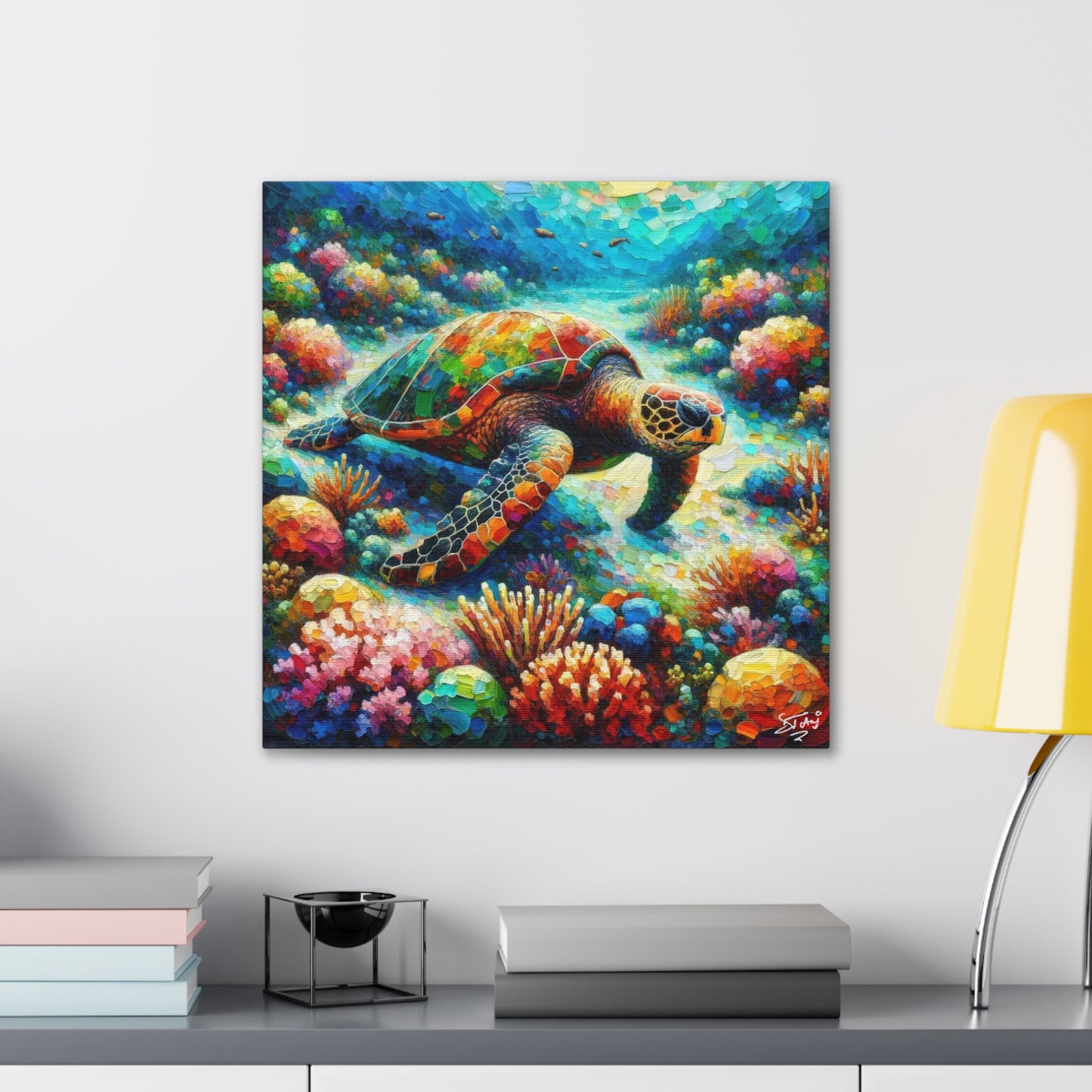 Art Print, Turtle in Reef, Oil Finish, Caribbean Nature, Cultural, Heritage, Semi-Abstract, Canvas Gallery Wrap