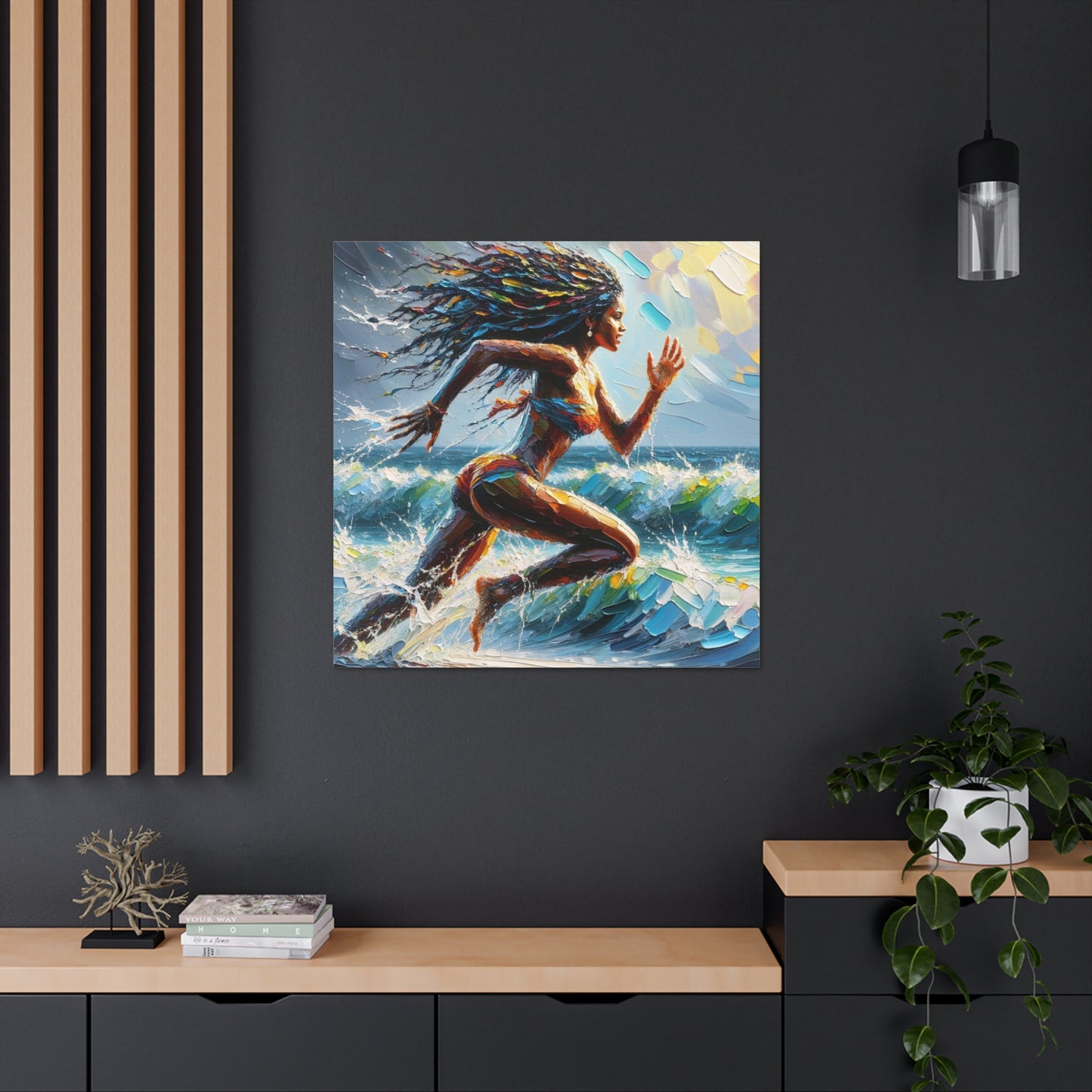 Art Print#3, East Indian Woman from Trinidad running into the Atlantic Ocean, Caribbean, Oil Finish, West Indian Art, Canvas Gallery Wraps