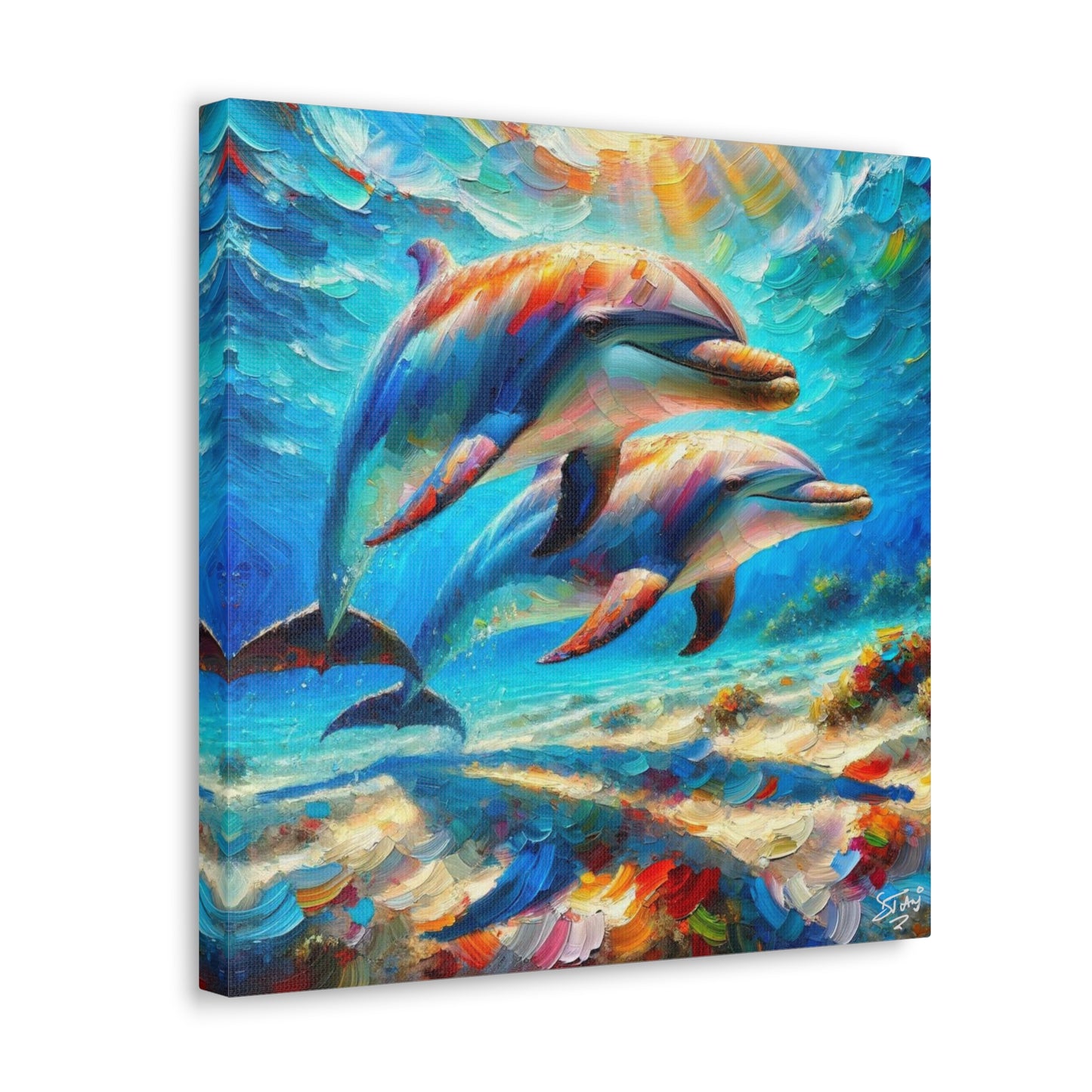 Art Print, Two Dolphins, Oil Finish, Caribbean Nature, Canvas Gallery Wrap