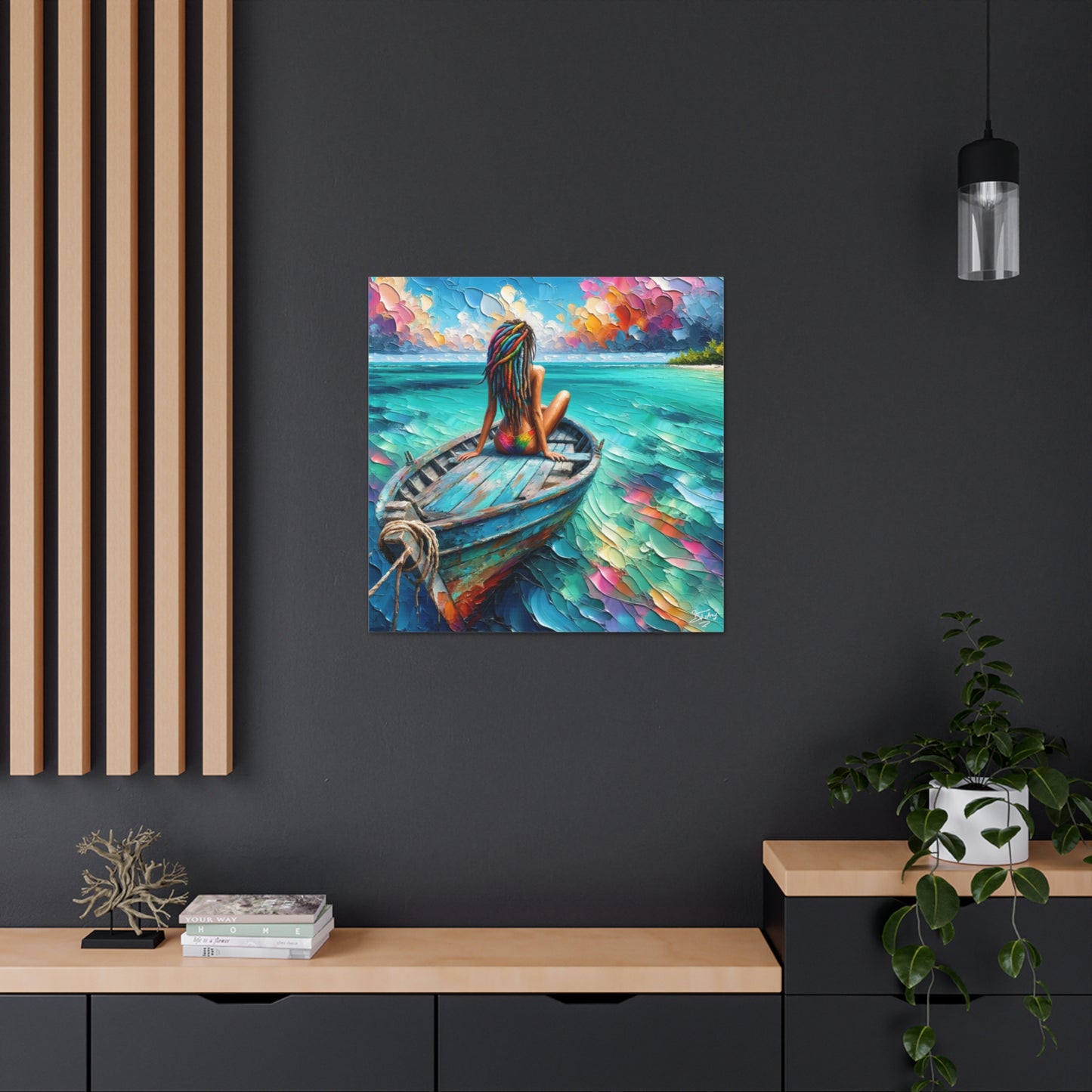 Art Print, Caribbean Woman "Chilling in the Boat" Oil Finish, West Indian Ethnicity, Cultural, Heritage, Semi-Abstract, Canvas Gallery Wrap