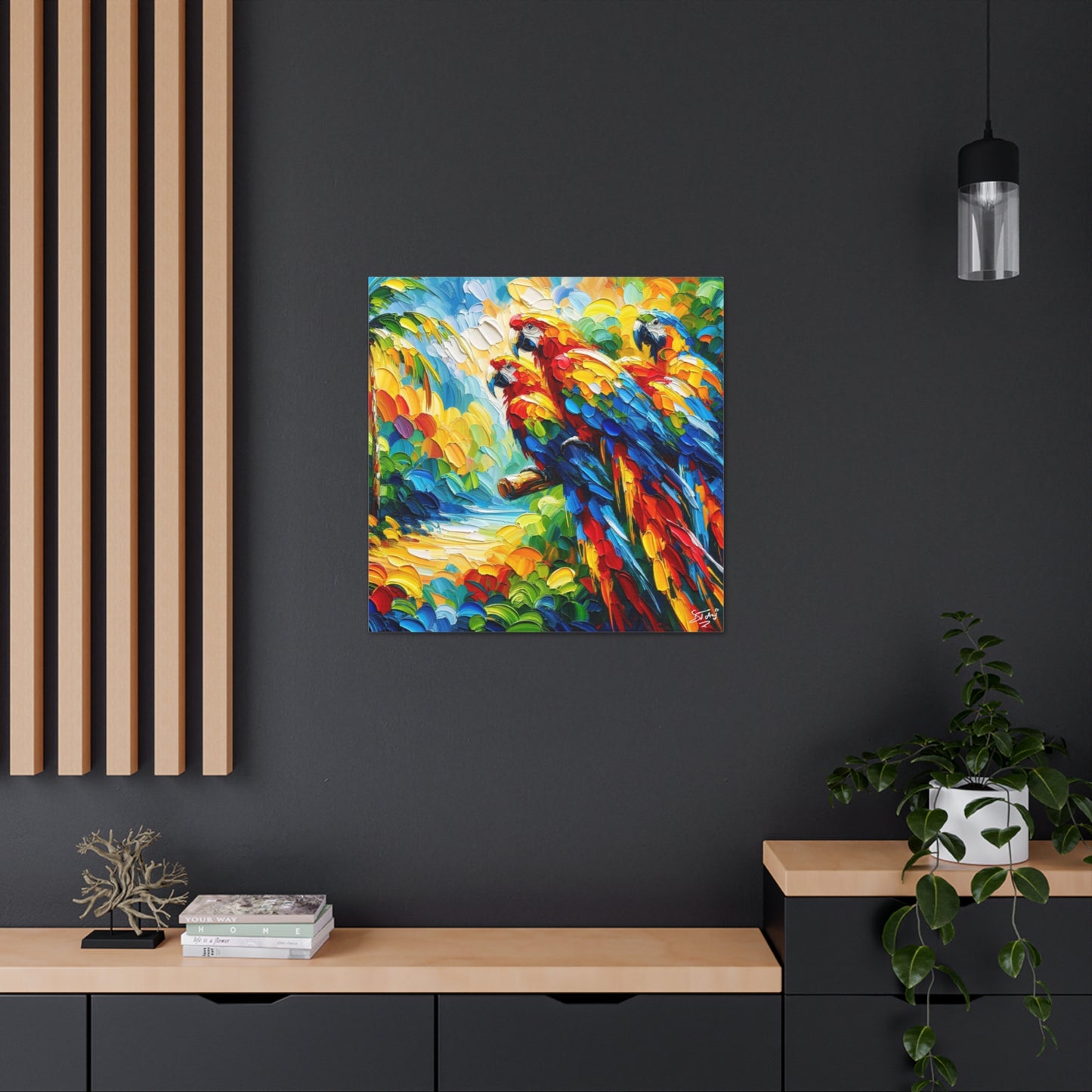 Art Print, The Parrots, Oil Finish, Caribbean Nature, Cultural, Heritage, Semi-Abstract, Canvas Gallery Wrap