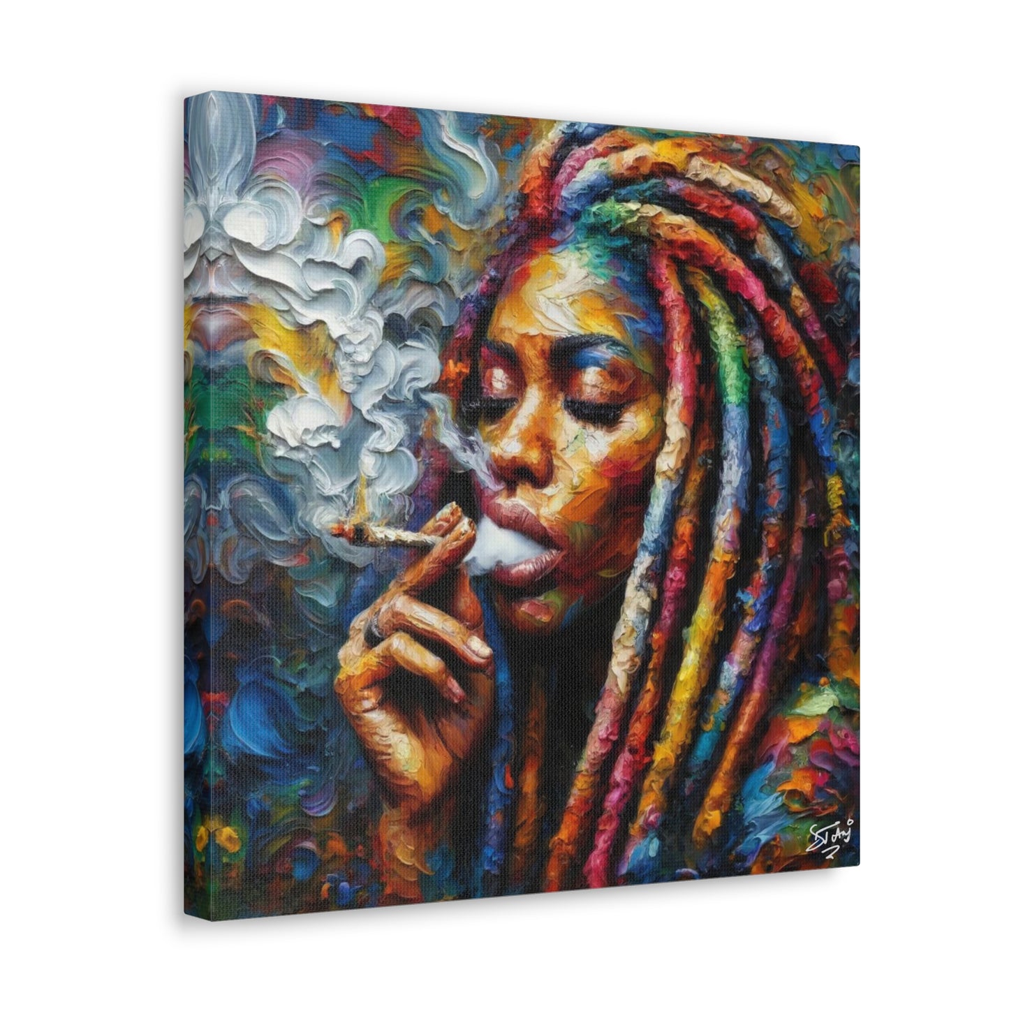 Art Print of Rasta-Woman Smoking, Oil Finish, West Indian Ethnicity, Cultural, Heritage, Afro-Caribbean Man, Semi-Abstract, Canvas Gallery Wrap