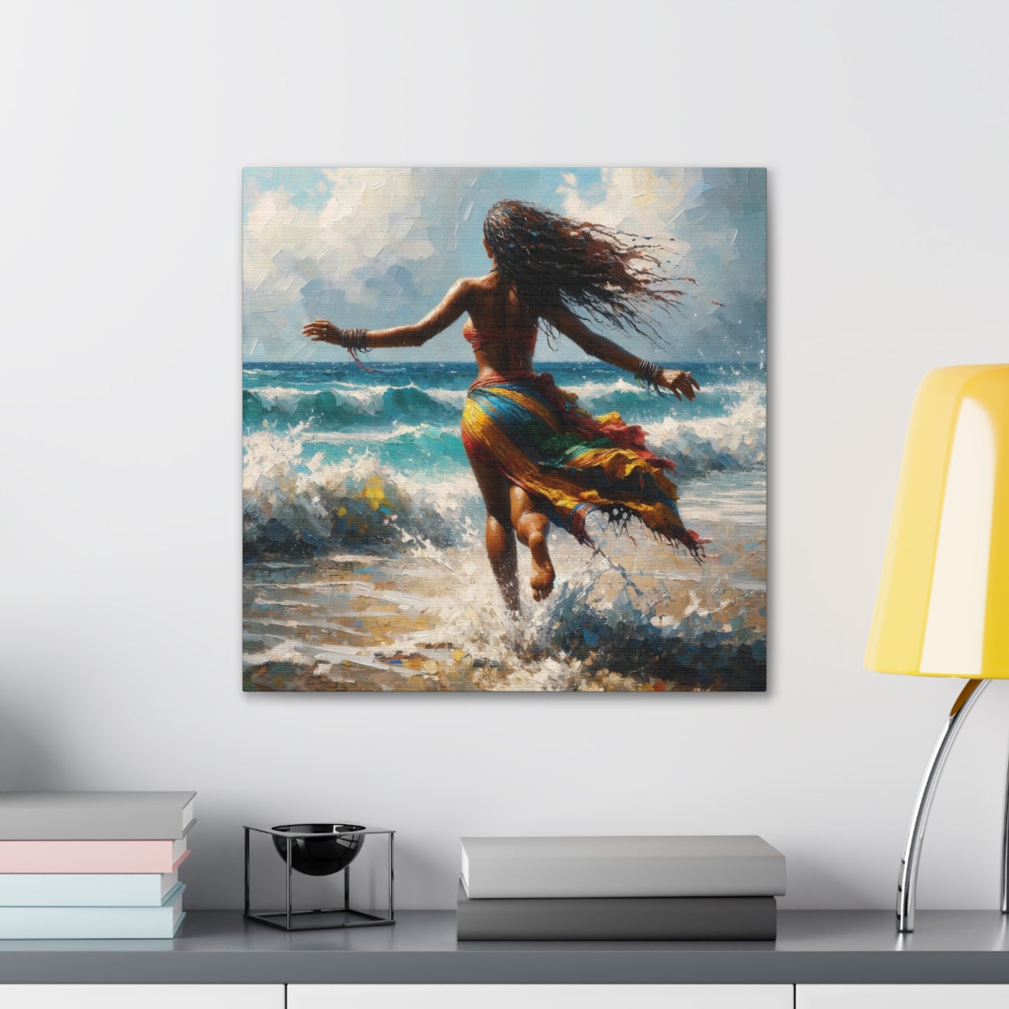 Art Print#2, East Indian Woman from Trinidad running into the Atlantic Ocean, Caribbean, Oil Finish, West Indian Art, Canvas Gallery Wraps