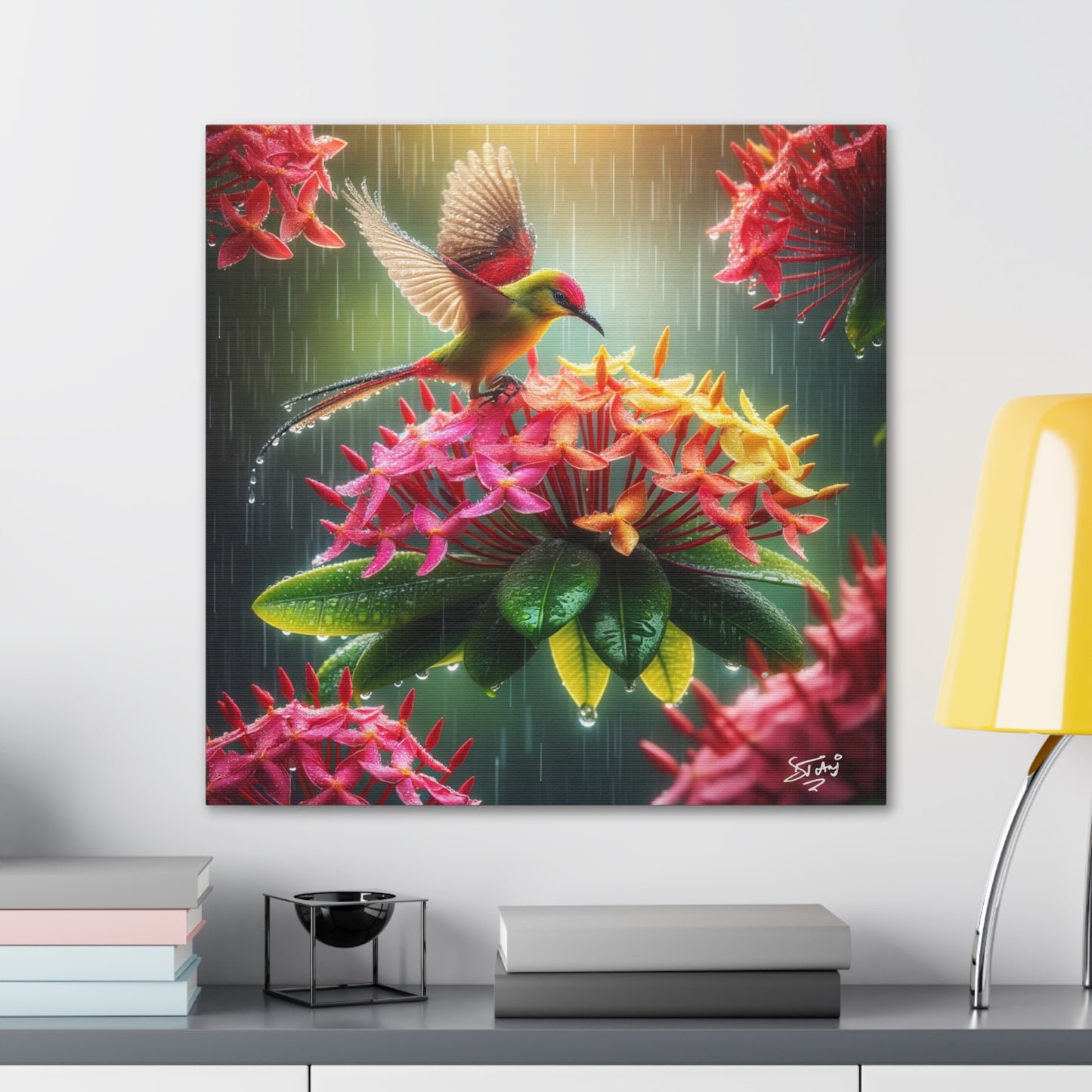 Print of Tropical Bird in the Rain Perched on Ixora Flower, Oil Paint Finish, Caribbean, Tropical, Canvas Gallery Wraps