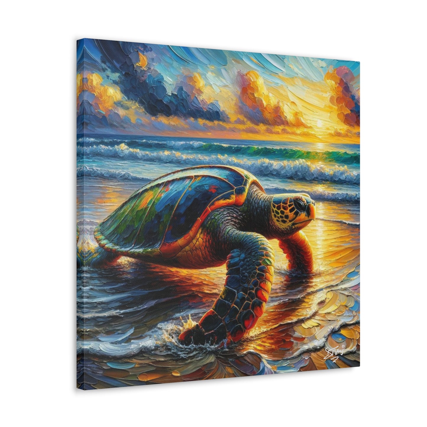 Art Print, Turtle at Sunset, Caribbean Wildlife, Oil Finish, Caribbean Nature, Culture, Heritage, Canvas Gallery Wrap