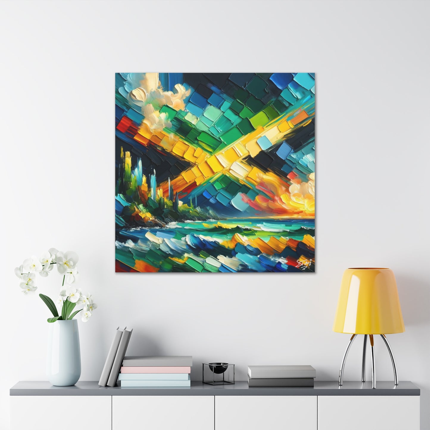 Art Print, Jamaica Abstract Scene, Oil Finish, Unity, One Love, Semi-Abstract, Canvas Gallery Wrap