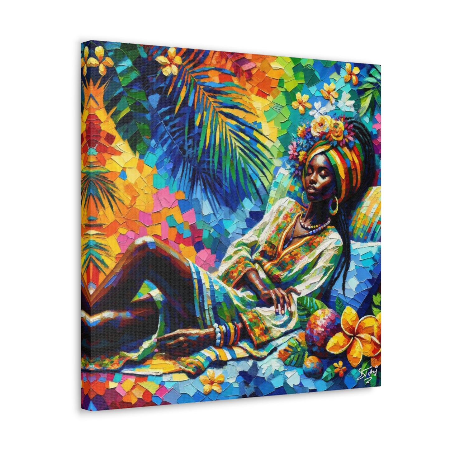 Art Print, Afro-Caribbean Woman, "Taking a Siesta" Oil Finish, West Indian Ethnicity, Cultural, Heritage, Abstract, Canvas Gallery Wrap