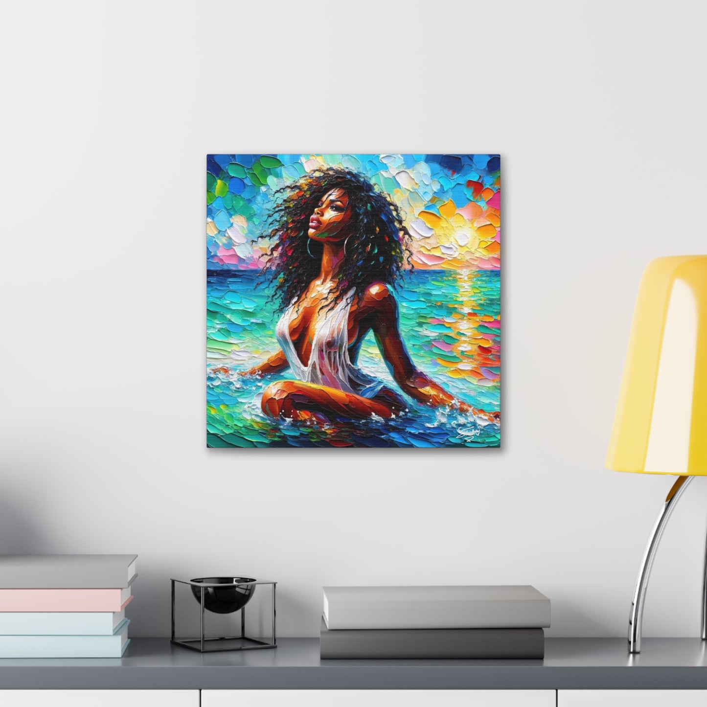 Art Print, Afro-Caribbean Woman, "Sea Bath" Abstract, Oil Finish, West Indian Ethnicity, Cultural, Heritage, Abstract, Canvas Gallery Wrap